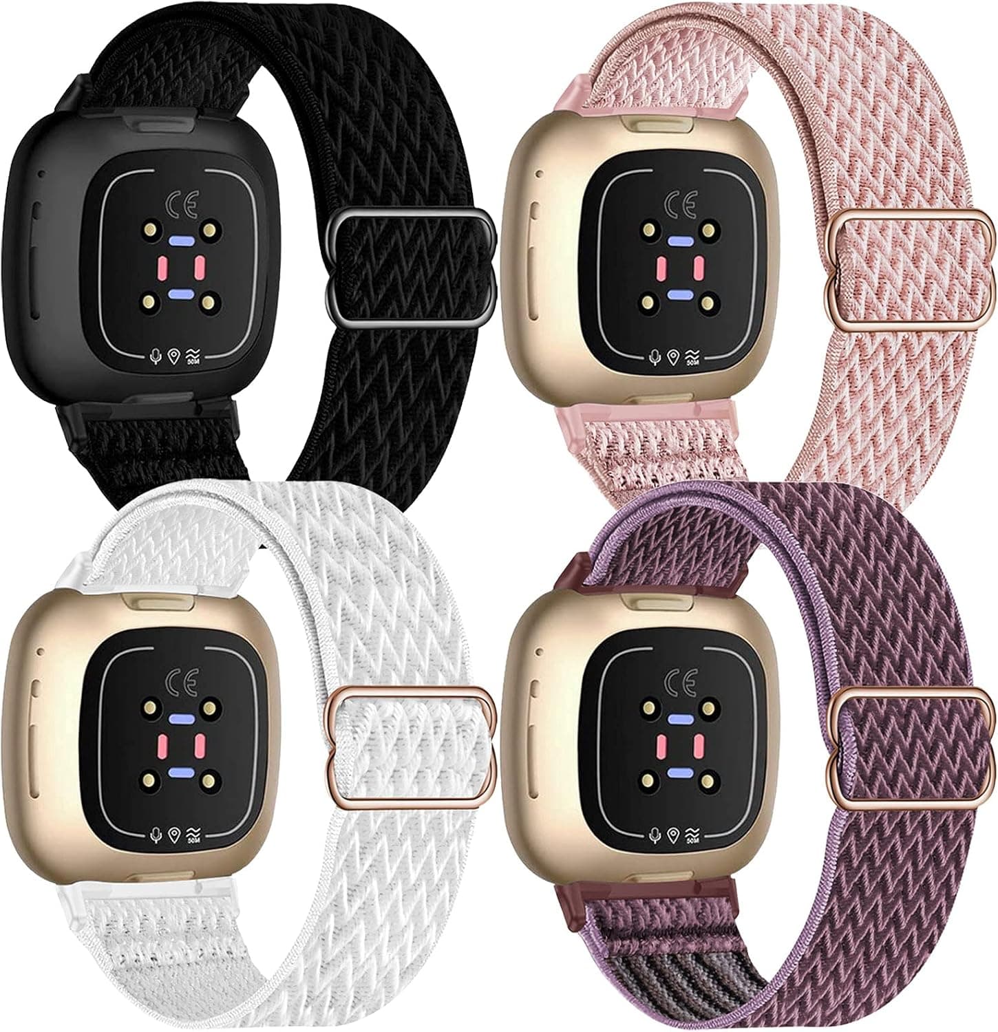 UHKZ 4 Pack Elastic Nylon Bands Compatible with Fitbit Versa 3/Fitbit Sense,Stretchy Fabric Sport Band for Fitbit Versa Smart Watch for Women Men,Black/Rose Pink/White/Smokey Mauve