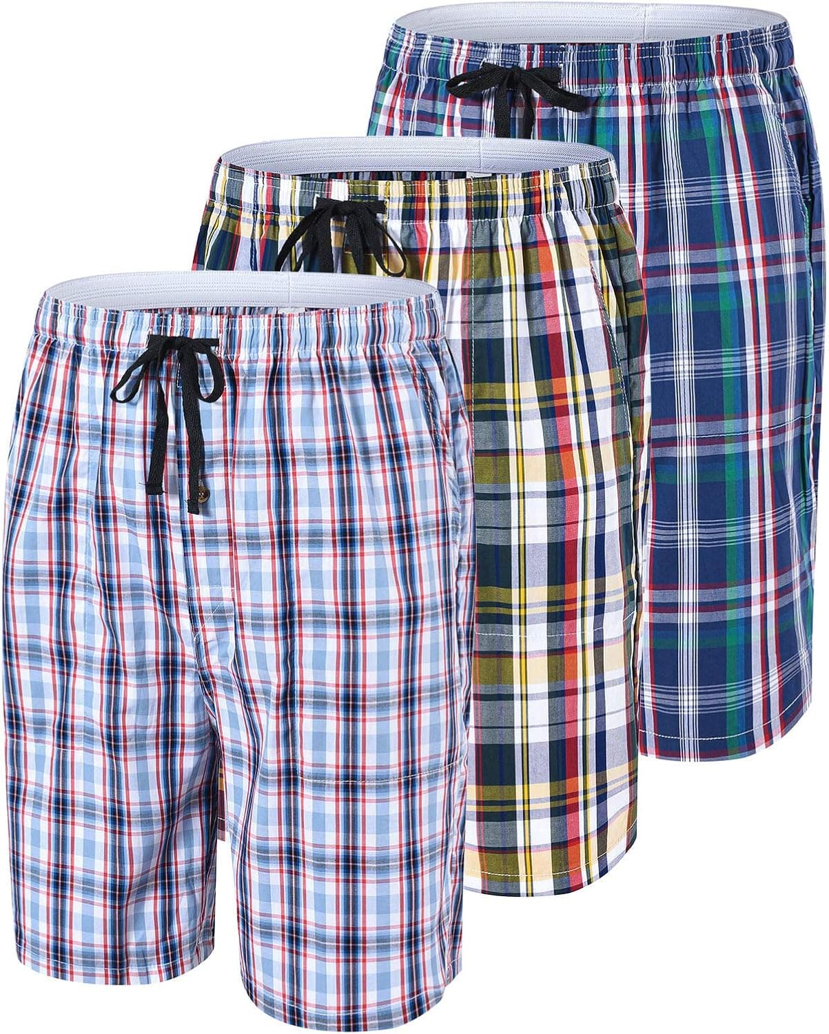MoFiz Men's 3-Pack Woven Pajama Shorts Cotton Plaid Sleep Lounge Shorts with Button Fly