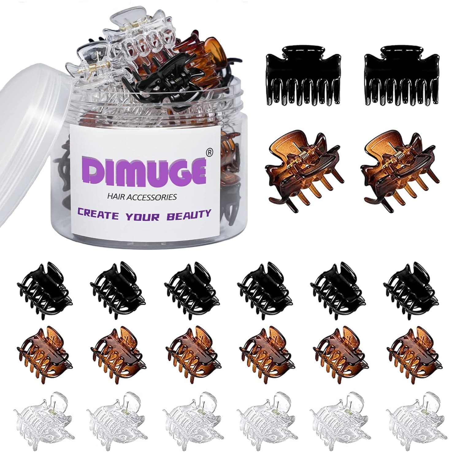 DIMUGE 22 pcs Small Hair Accessories for Women Clear Brown and Black Claw Clips 1 inch, Girls and Boy Medium to Small Hair Clips, Strong Grips Styling Jaw Barrettes.