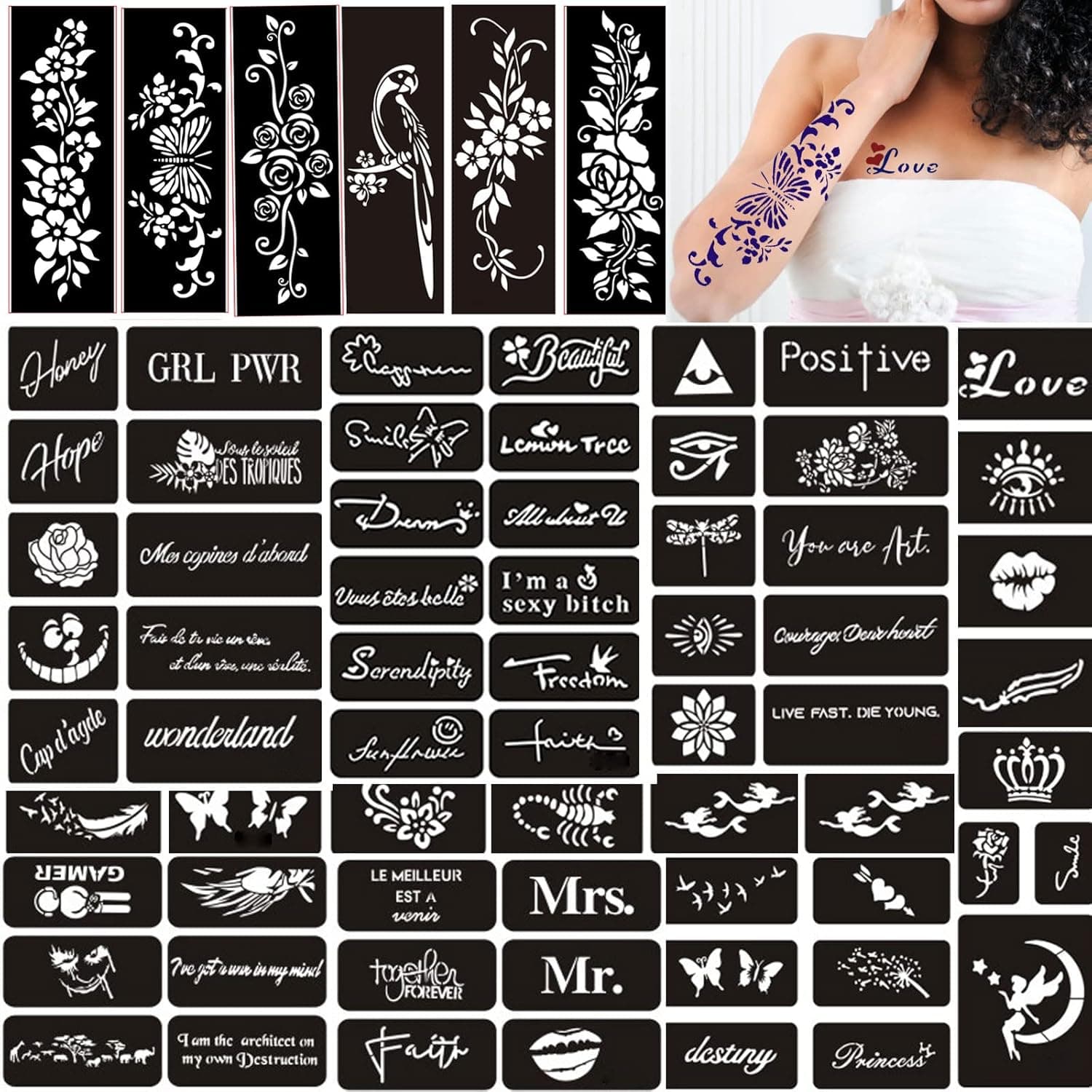 Henna Tattoo Stencils for Women, Large Size Temporary Tattoo Templates Flowers Words Reusable DIY Tattoo Stencil Kit ,Body Art Stencils for Women and Teen Kids Girls