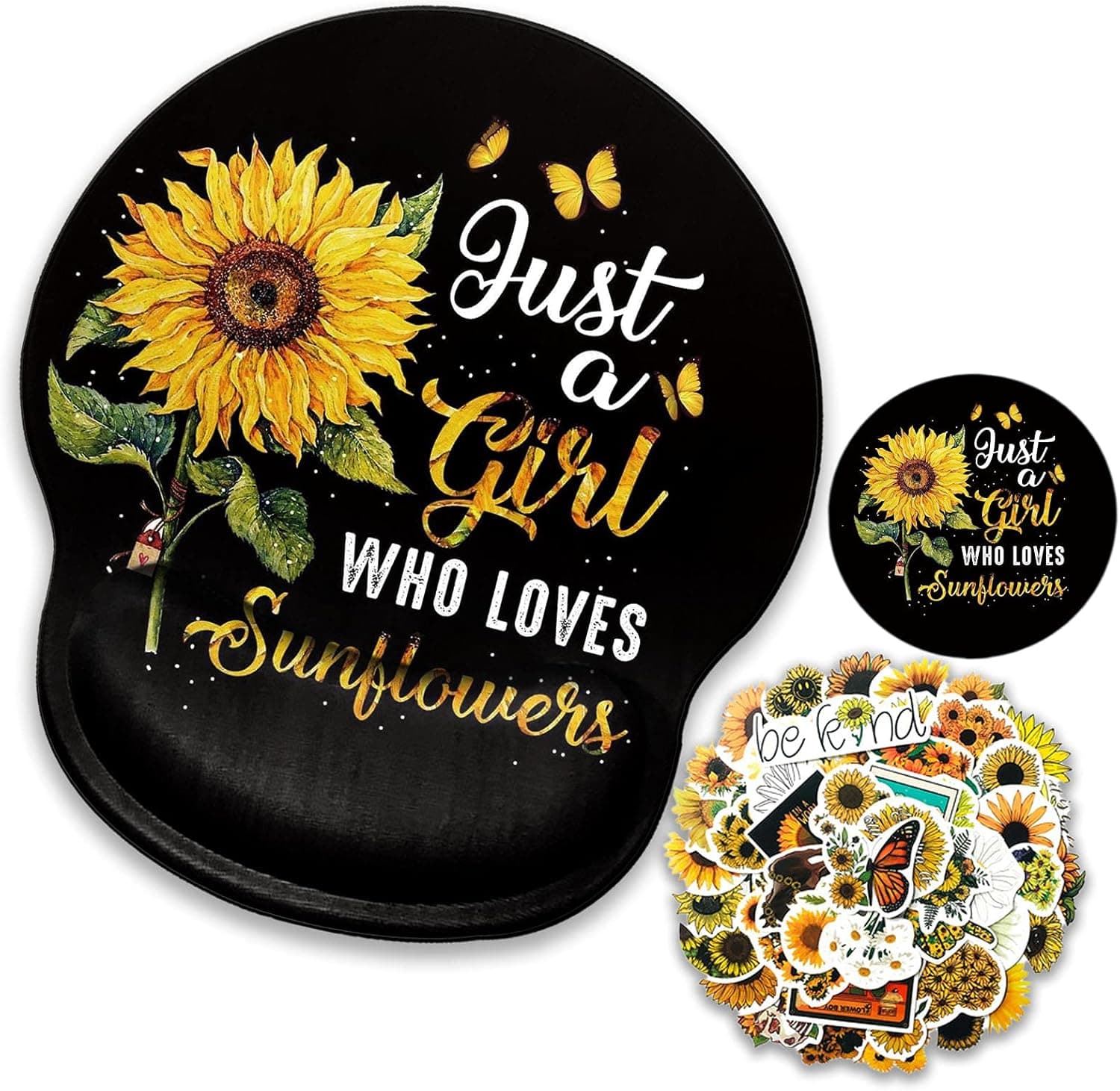 Gaming Mouse Pad with Wrist Support - Ergonomic Gel Mouse Pads for Wireless Mouse Non-Slip PU Base Black Sunflower Mousepad & Wrist Rests Matching A Coater and Cute Sunflower Stichers for Computer Laptop