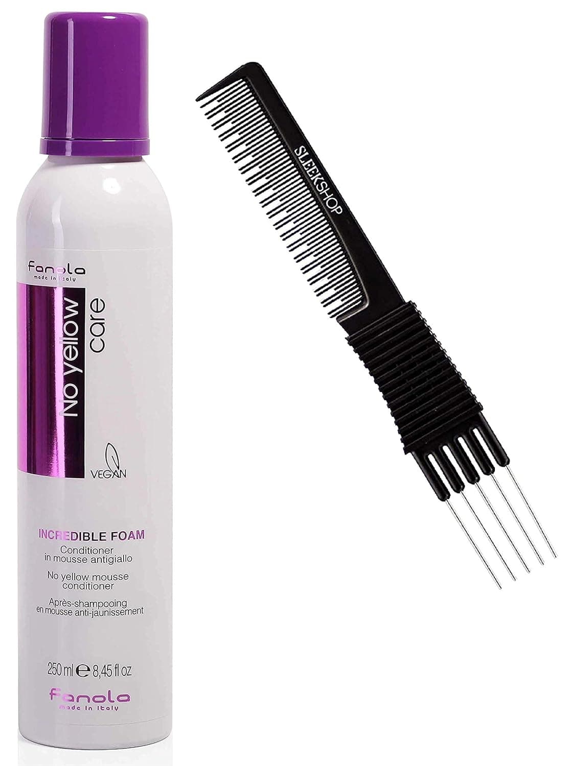 Incredible FanoIa No Yellow Care - Incredible Foam Mousse, No Yellow Mousse Conditioner, Antigiallo Purple/Violet ((w/Sleek Premium Carbon Teasing Comb) Vegan (8.45 oz (PACK OF 1))