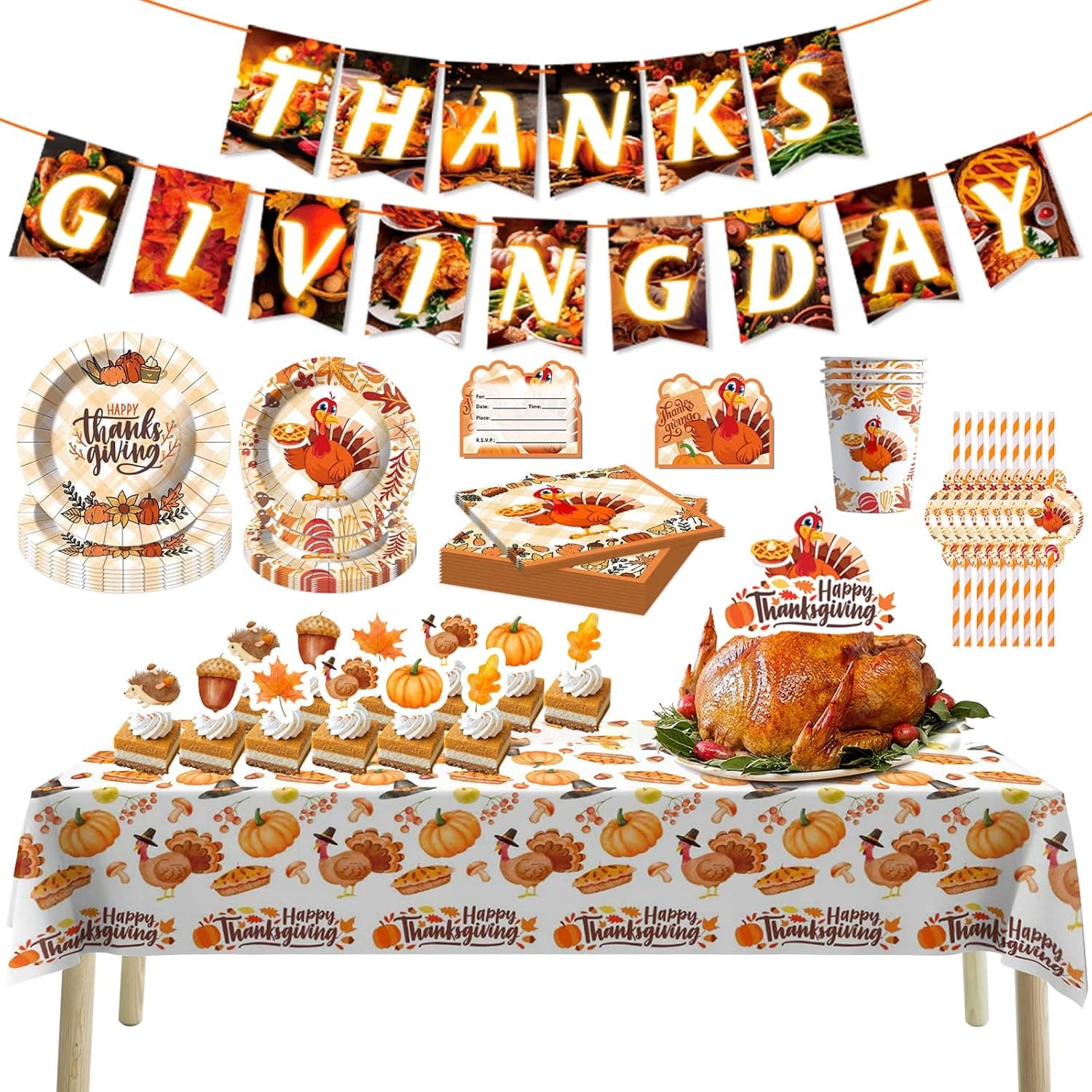 Thanksgiving Plates and Napkins Thanksgiving Paper Plates Set for 16 Guests Including Plates(9"), Desert Plates(7"), Napkins, Cups, Straws, Tablecloth, Banner and Invitation Card