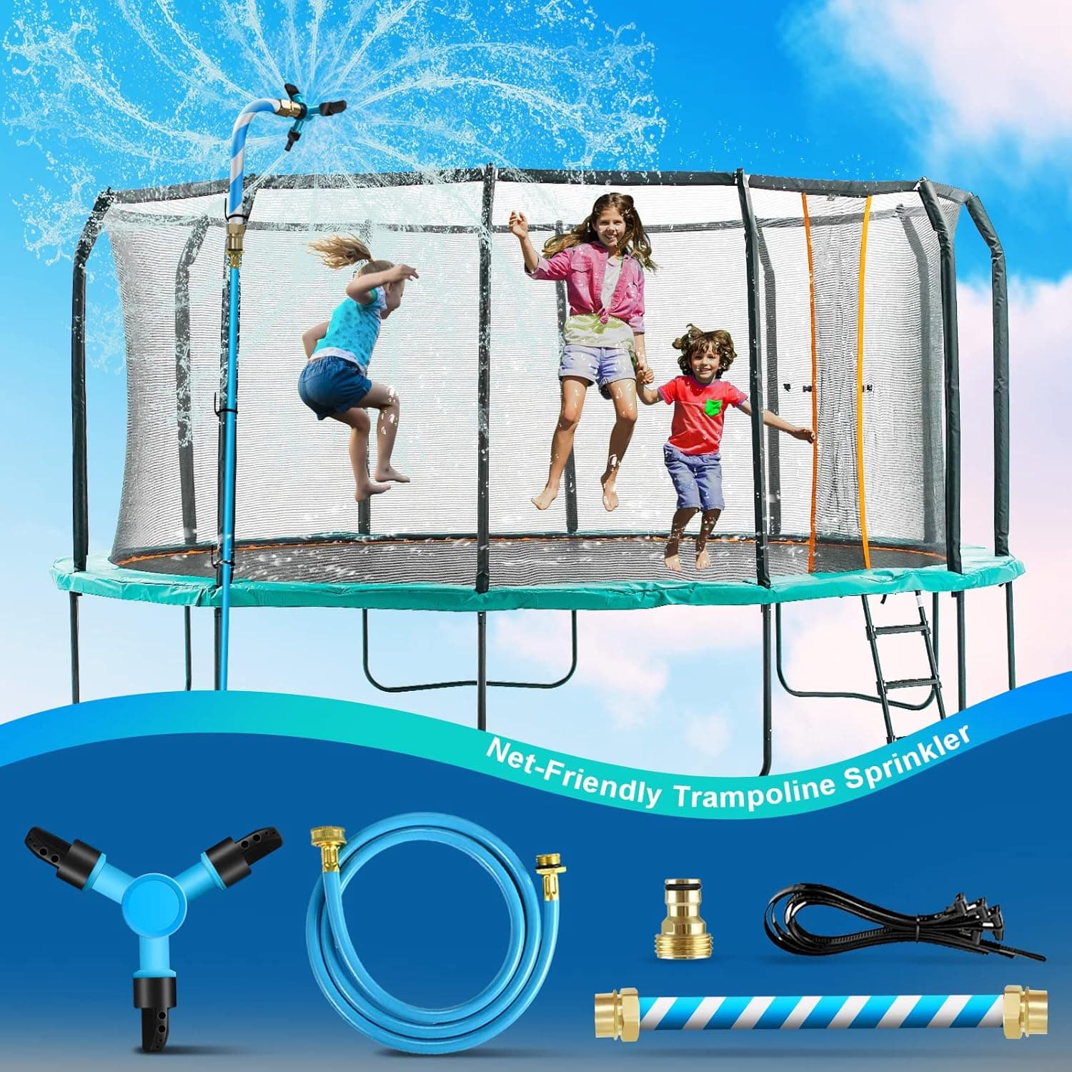 Trampoline Sprinkler, Fun Summer Water Sprinkler for Kids, Outside Waterpark Toys Backyard WaterWhirl Spin Adjustable Water Sprinkler, Accessories Included Tool Free