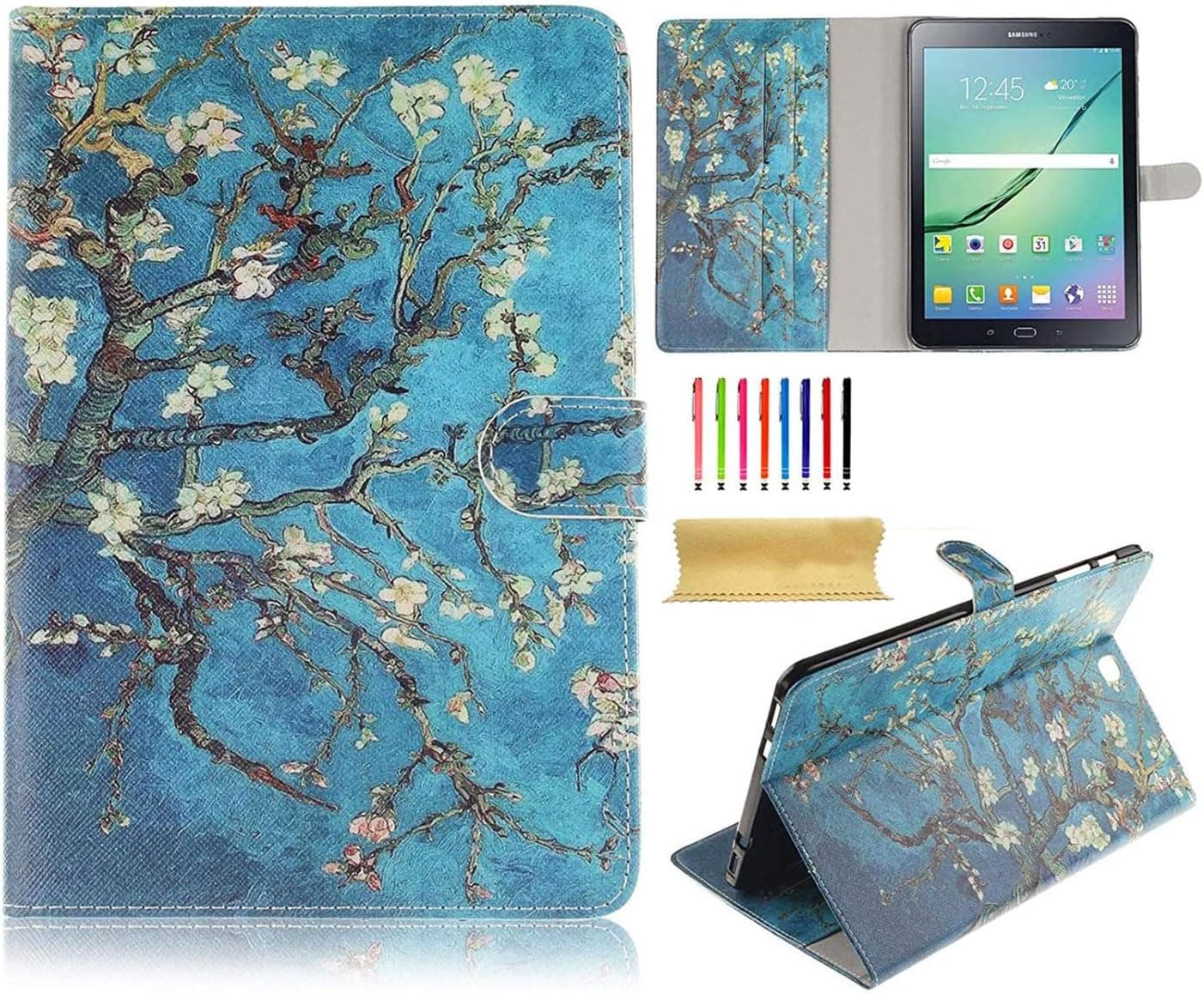 UUcovers Case for Samsung Galaxy Tab S2 8.0 inch (SM-T710/T715), Slim Lightweight Van Gogh Oil Painting Folio Stand Synthetic Leather Magnetic Wallet Cover with Pocket Card Holder, Almond Blossom
