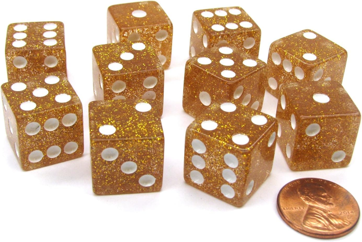 Set of 10 D6 16mm Glitter Dice - Yellow with White Pips