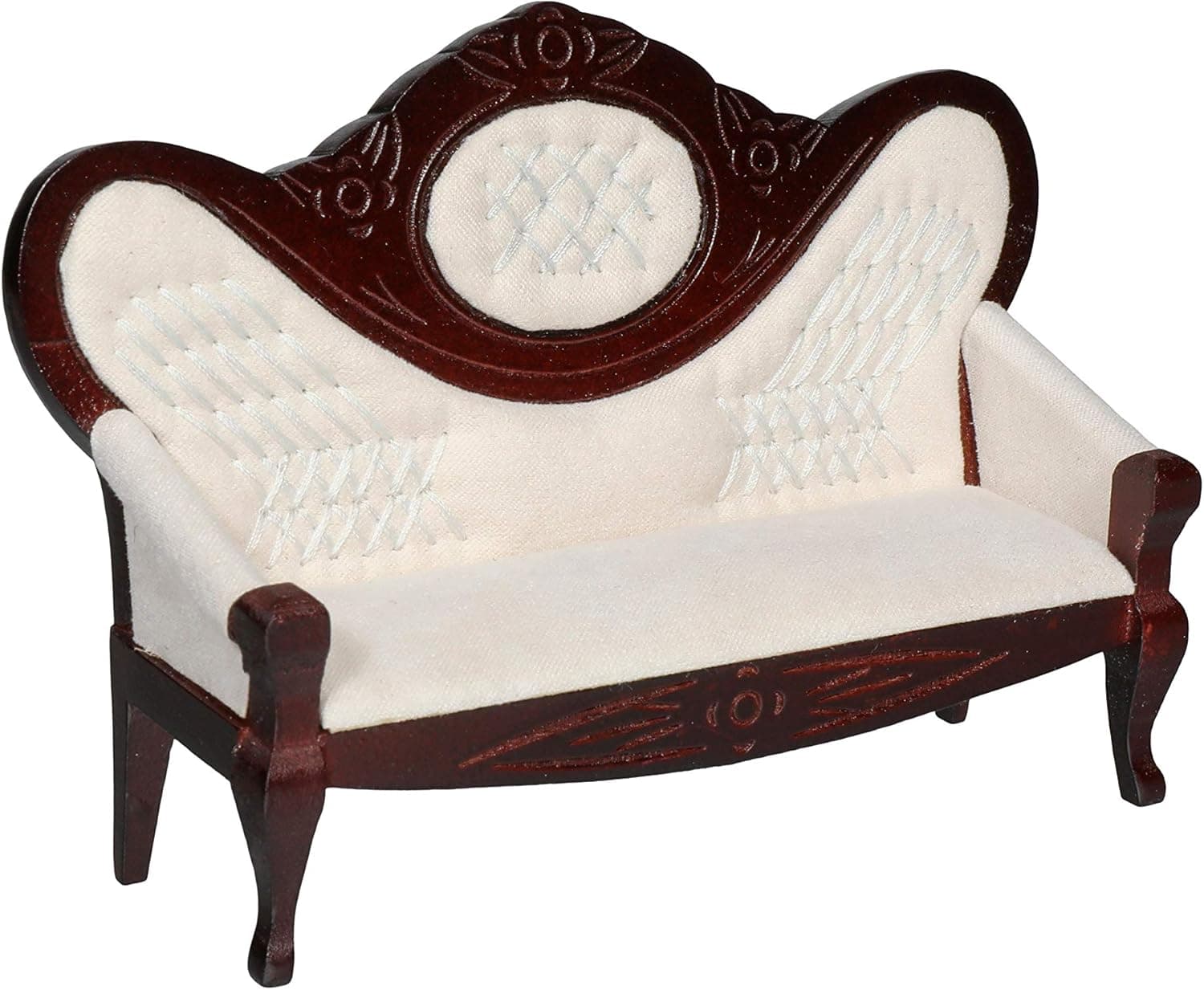 Vintage Dollhouse Sofa Couch Upholstered, Wooden Miniature Living Room Furniture Loveseat, Beige Fabric Brown Wood, Accessories for 6 inch Dolls, 1/12 Scale