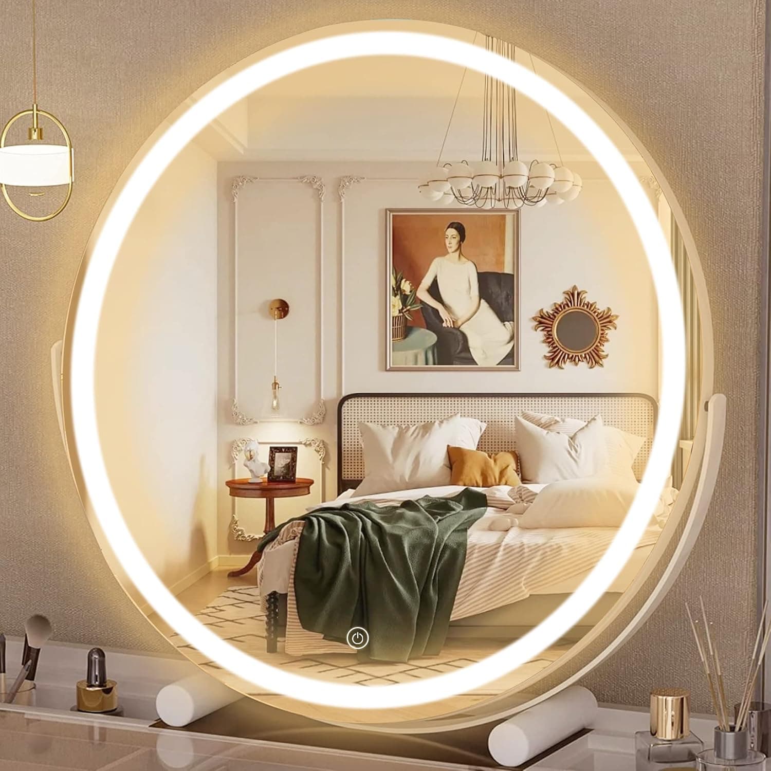 Hasipu Vanity Mirror with Lights, 18" LED Makeup Mirror, Lighted Makeup Mirror with Lights, Smart Touch Control 3 Colors Dimmable Round Mirror 360°Rotation White