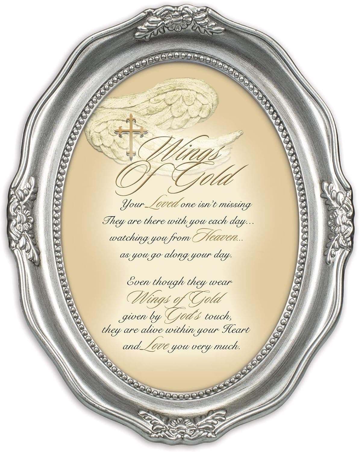 Cottage Garden Wings of Gold Loved One Brushed Silver Wavy 5 x 7 Oval Table and Wall Photo Frame