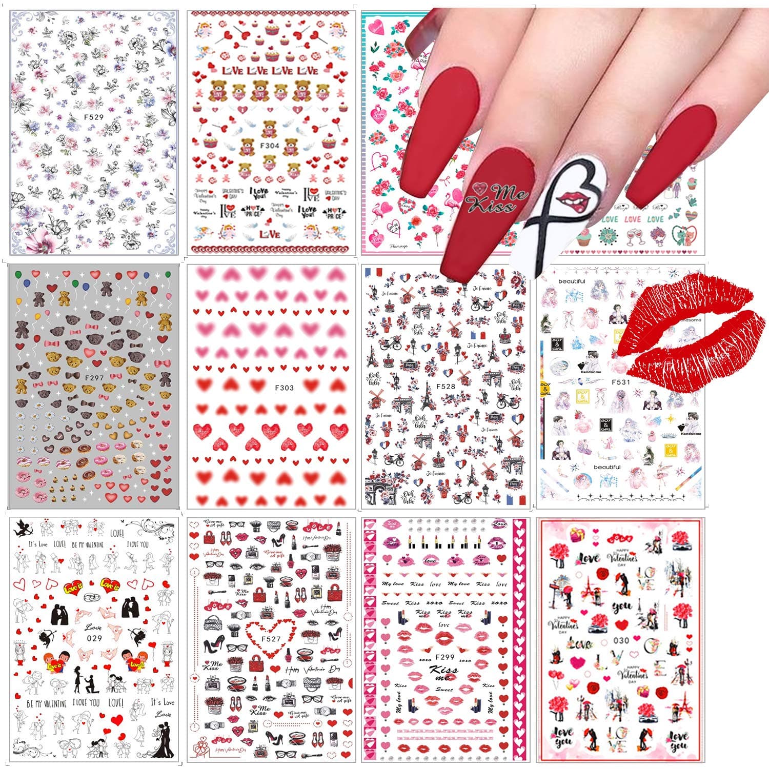 Valentines Nail Art Stickers Decals, EBANKU 12 Sheets Lip Heart Rose Design Nail Stickers for Valentine’s Day Self-Adhesive Nail Stickers Decoration for Women Girls Dating Wedding Nail Art Decorations