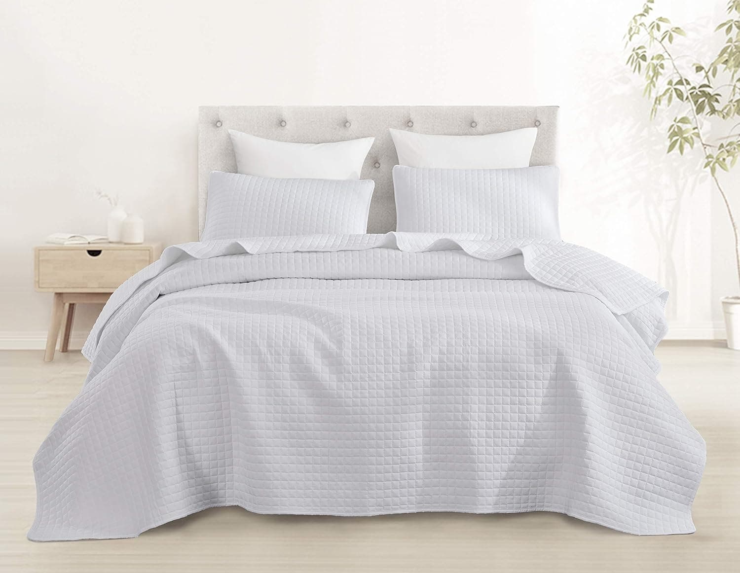 Attitude 3pc Quilted Coverlet Set White King/Cal-King Size (108"x96") Prewashed Cover Set, Square Stitched Design, Soft to The Touch Texture Microfabric Bed Cover by Cozy Beddings