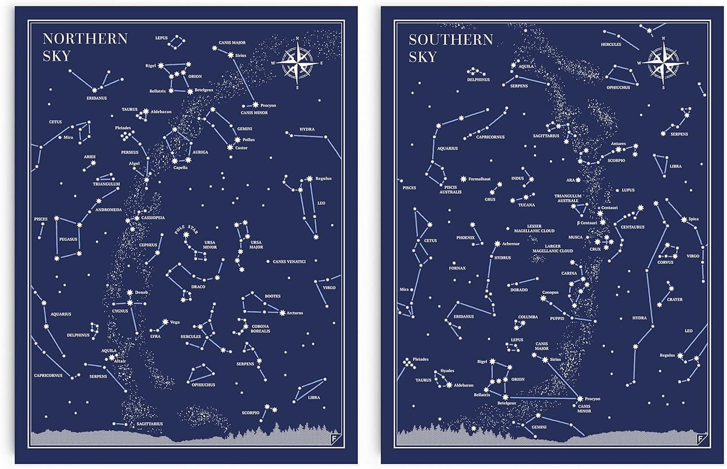 FOLLYGRAPH Little and Big Astronomer Prints - 12x16 -Map of The Sky Constellations Posters: Northern Sky, Southern Sky