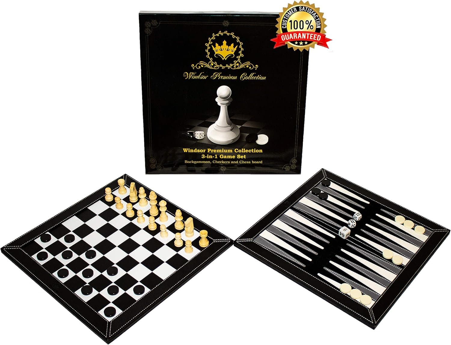 Windsor Premium Collection 3-in-1 Game Set | Portable Deluxe Checkers, Chess & Backgammon Tabletop Travel Bundle | Made with PU Leather | Comes in Beautiful Velvet Storage Pouch