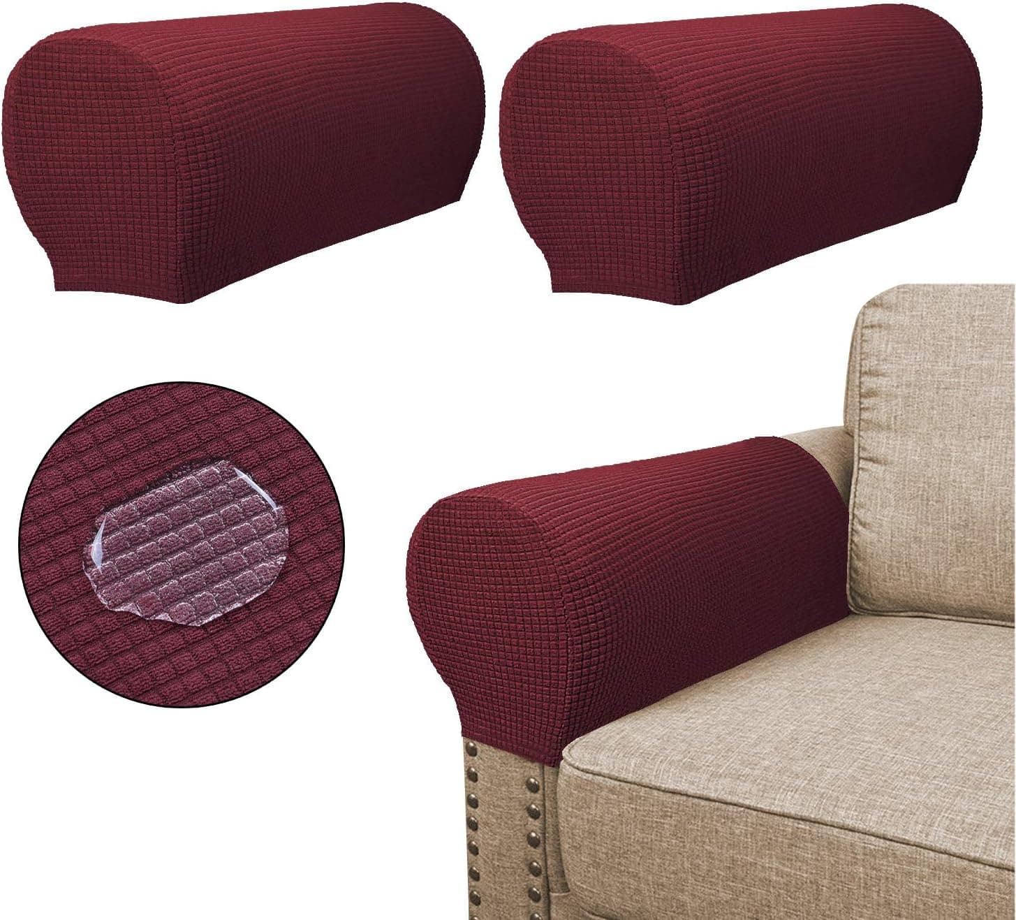 Sofa Armrest Covers(2 Pieces Set) - Water Repellent,Anti-Slip,High Stretch,Knitted Jacquard - Couch Arm Slipcover/Protector/Shield for Dog Cat Pets(Burgundy)