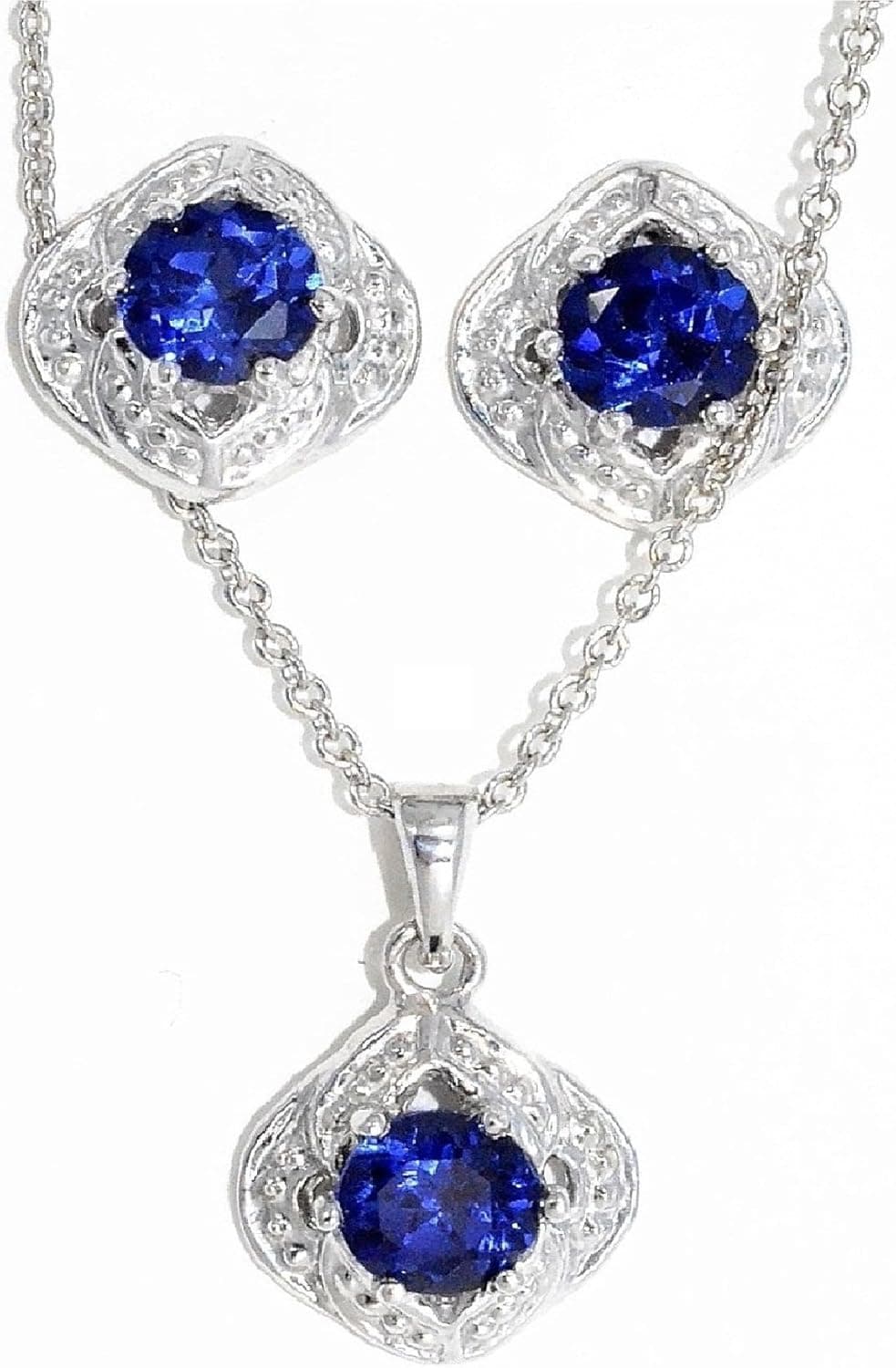 Elizabeth Jewelry 4mm Created Blue Sapphire Round Stud Earrings and Pendant .925 Sterling Silver Rhodium Finish