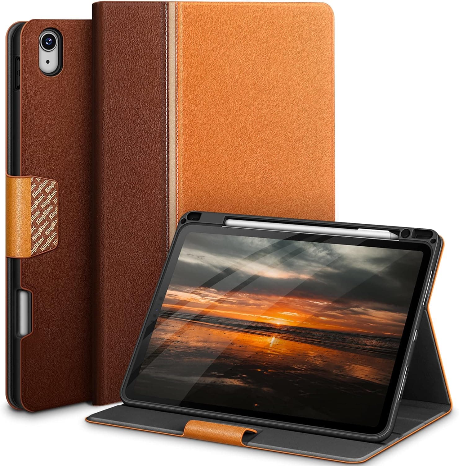 KingBlanc iPad Air 5th Generation Case 2022 / iPad Air 4th Generation 2020 Case 10.9-inch with Pencil Holder, Vegan Leather Smart Cover with Auto Sleep Wake, Support Apple Pencil2 Charging, Brown