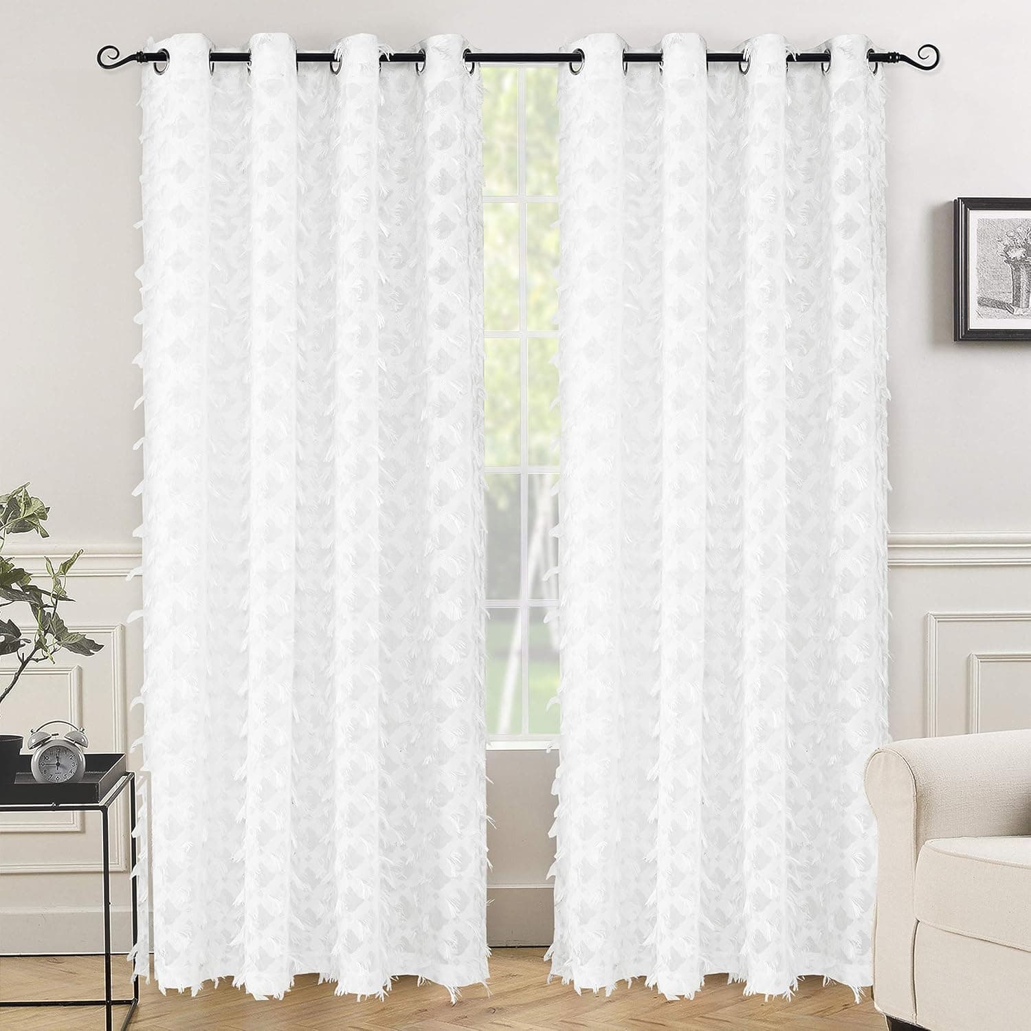 DriftAway White Voile Grommet Semi Sheer Curtains Woven Water Drop Geometric Pattern Embroidered Silver Thread with Featherlike Soft Pom Pom Tassel Linen Texture 2 Panels 52 Inch by 84 Inch Off White