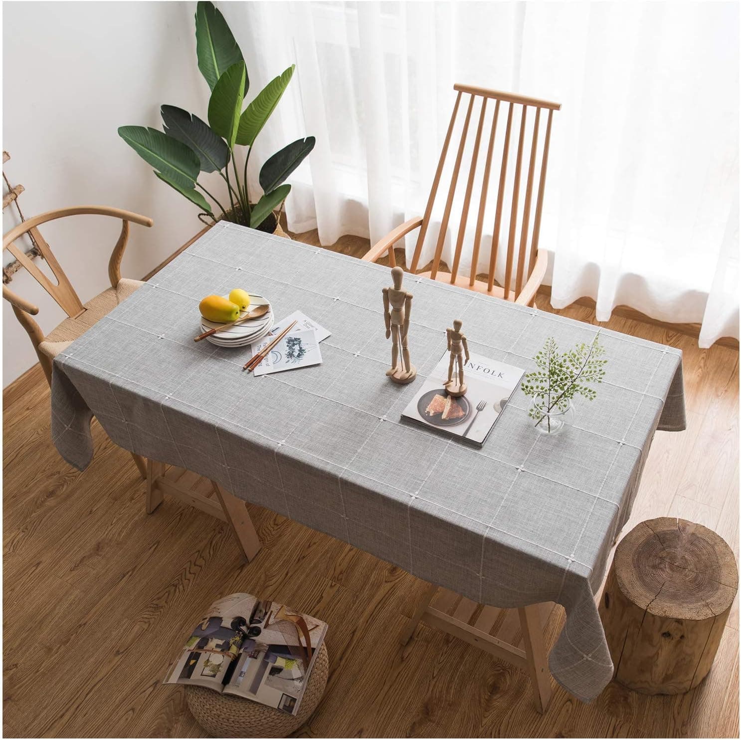 Jiuhong Solid Embroidery Lattice Tablecloth Cotton Linen Dust-Proof Table Cover for Kitchen Dinning Tabletop Decoration (Grey, Square, 52 x 52 Inch)