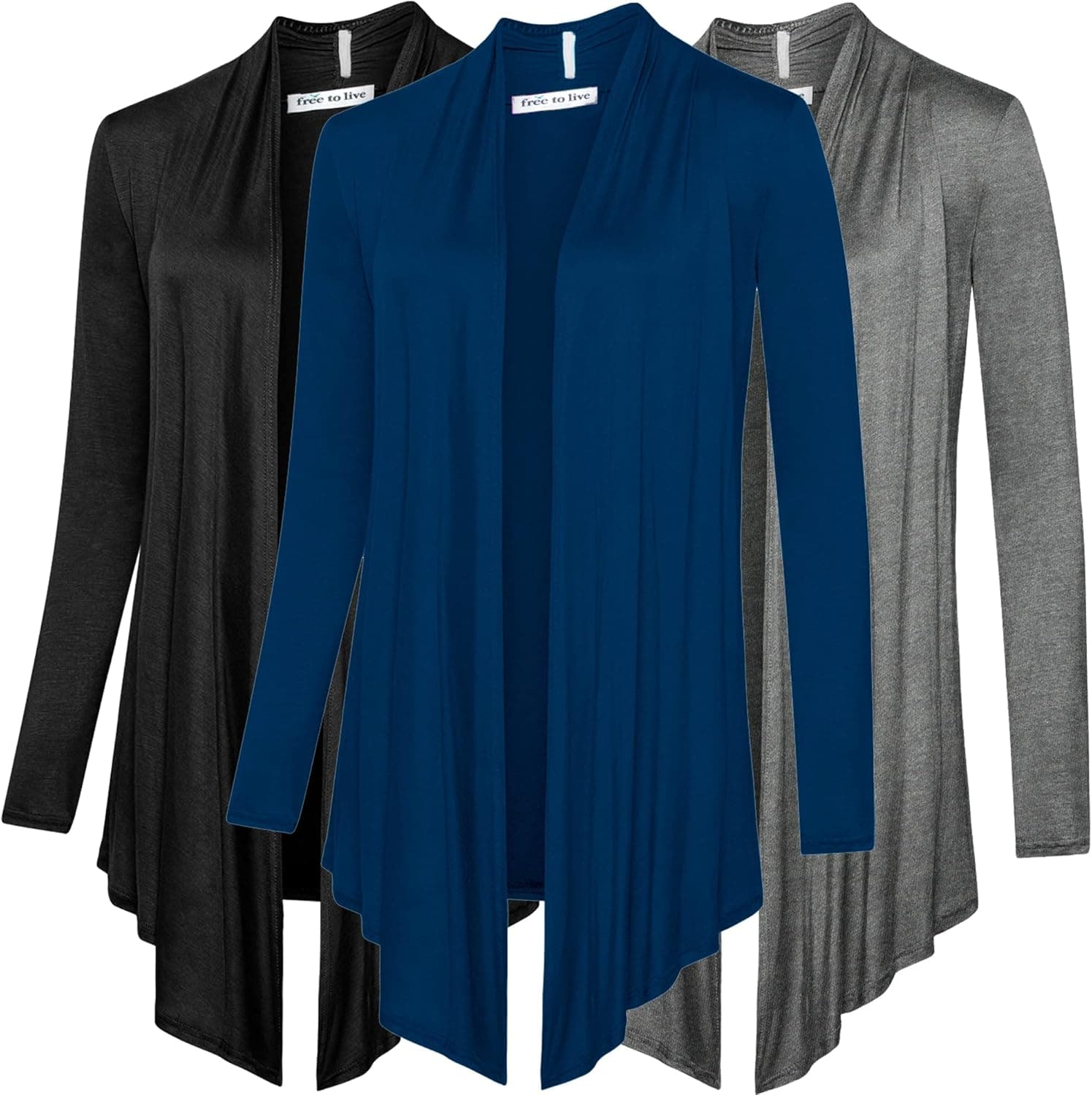 Free to Live 3 Pack Women's Long Sleeve Cardigans - Open Front Drape Lightweight Knit Sweater