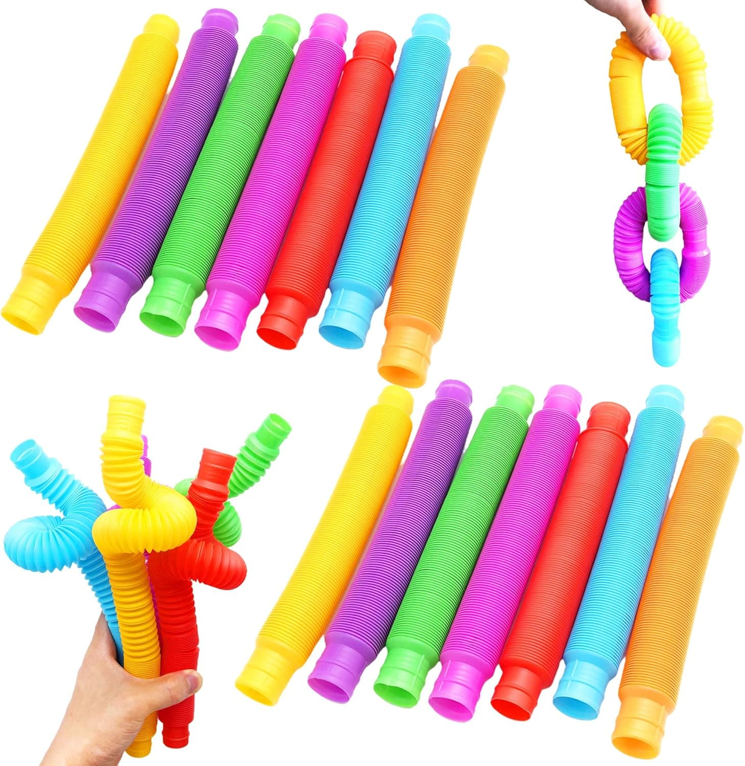 Jnnzzggu 14 Pack Large Size Pop Tubes Sensory Toys,Fine Motor Skills Toddler Fidget Toys,Stretch Tube for Sensory Kids and Learning Toys(7 Colors)