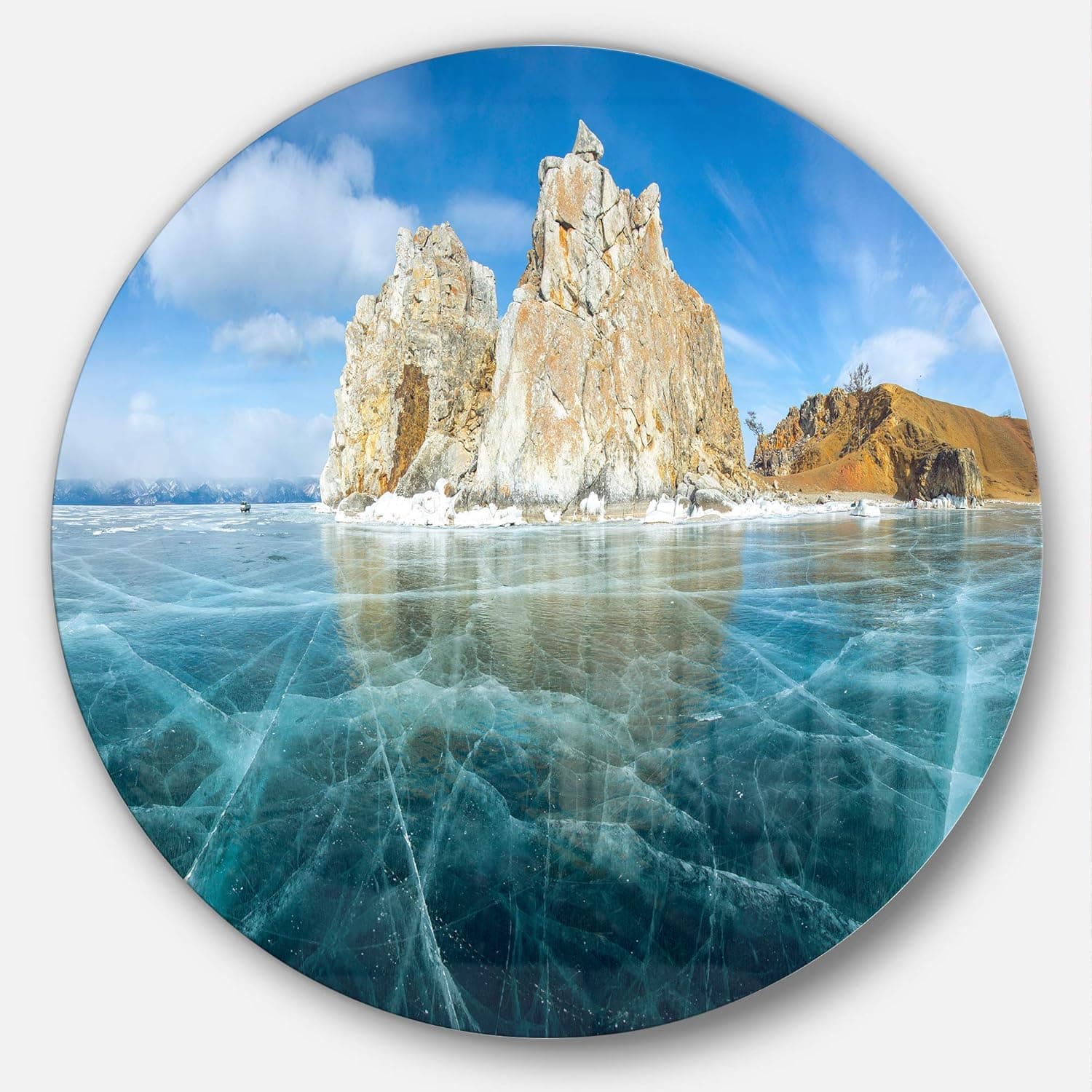 Designart Lake Baikal Ice and Rocks Panorama Seascape Metal Artwork-Disc of 23, 23X23-Disc of 23 inch, Blue/White