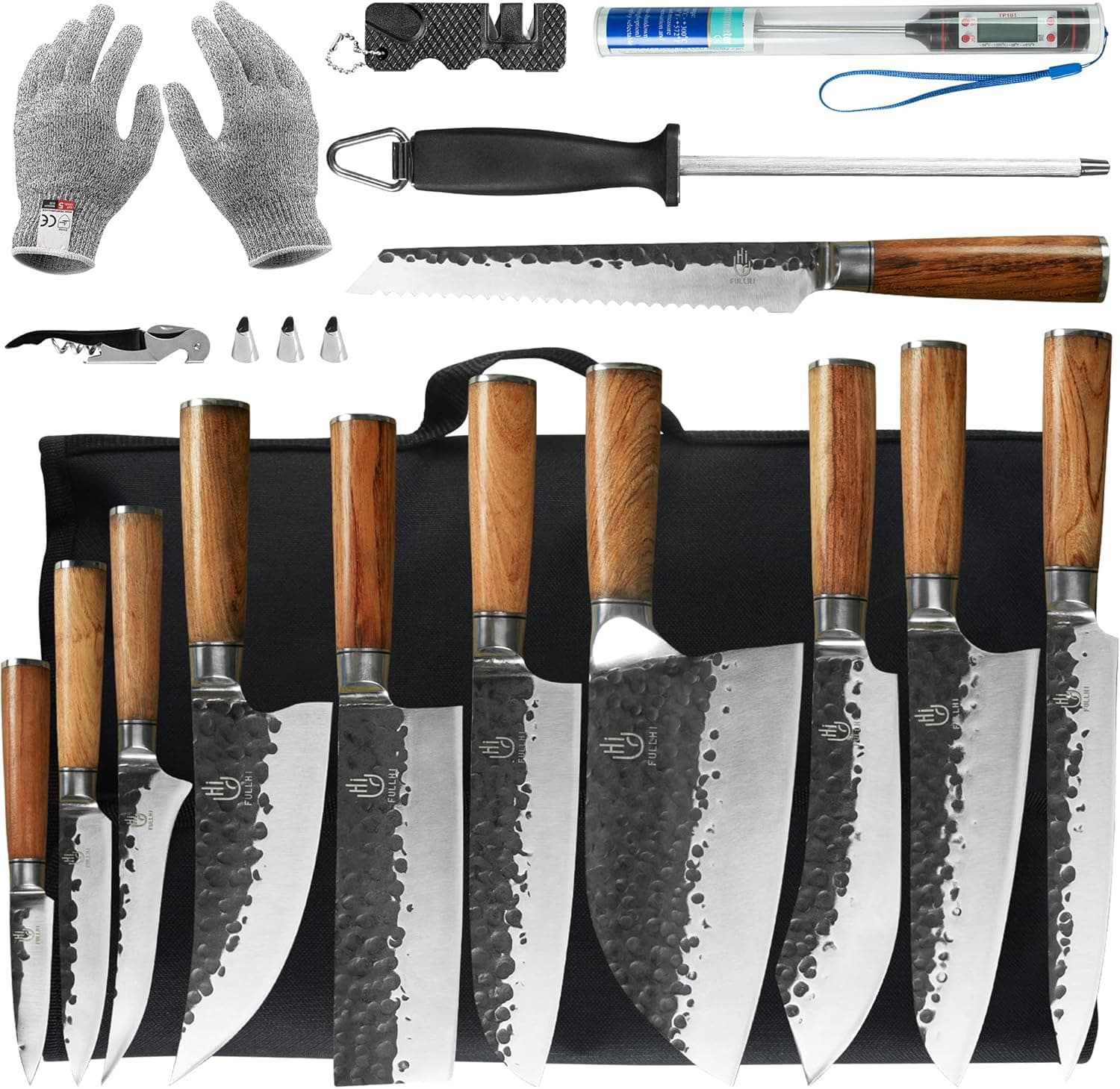 FULLHI 17pcs Butcher Chef Knife Set include sheath High Carbon Steel Cleaver Kitchen Knife Whole Tang Vegetable Cleaver Home BBQ Camping with Knife Bag,Meat Thermometer