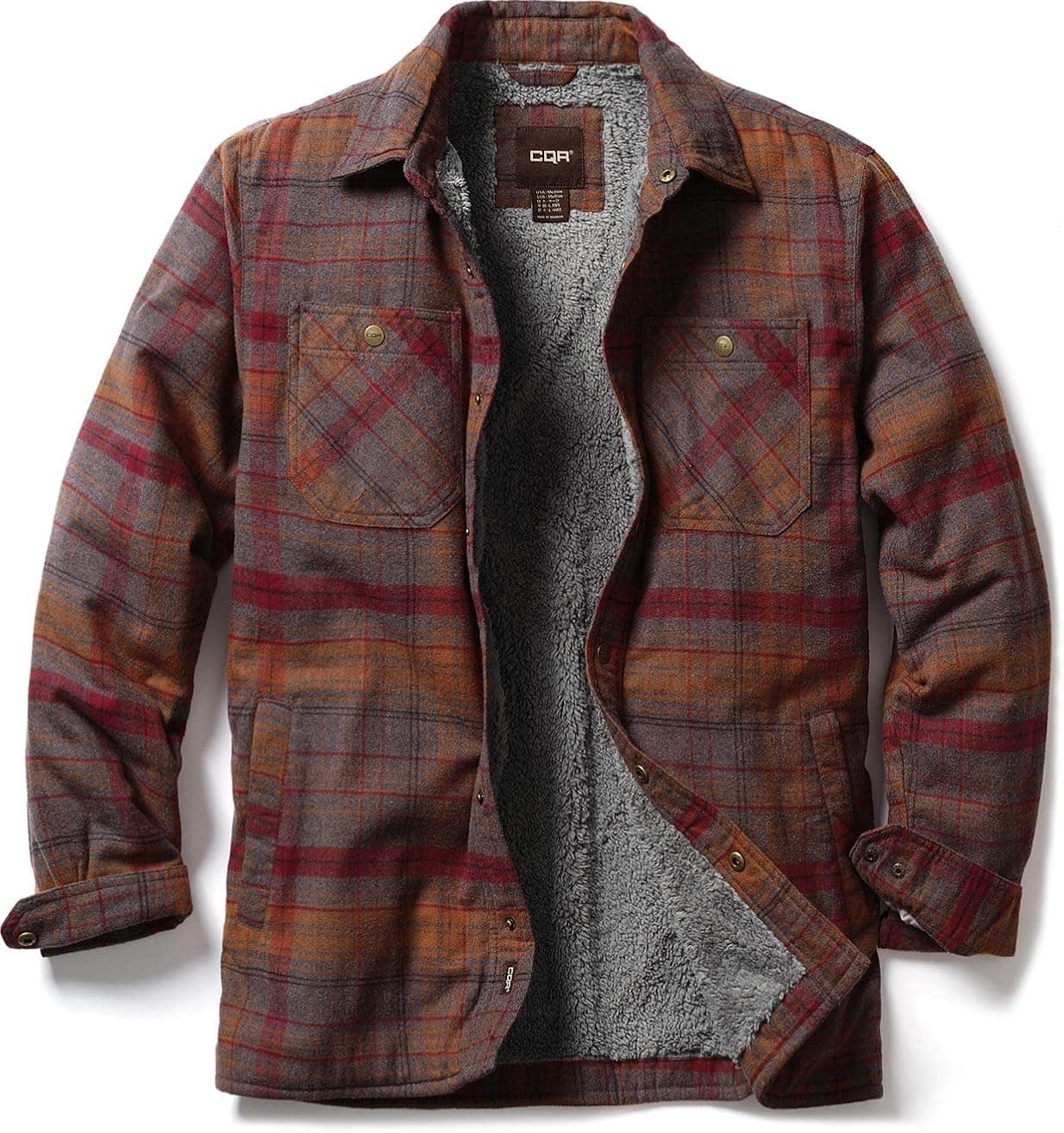 CQR Men's Sherpa Lined Flannel Shirt Jacket, Soft Long Sleeve Rugged Plaid Button Up Jacket