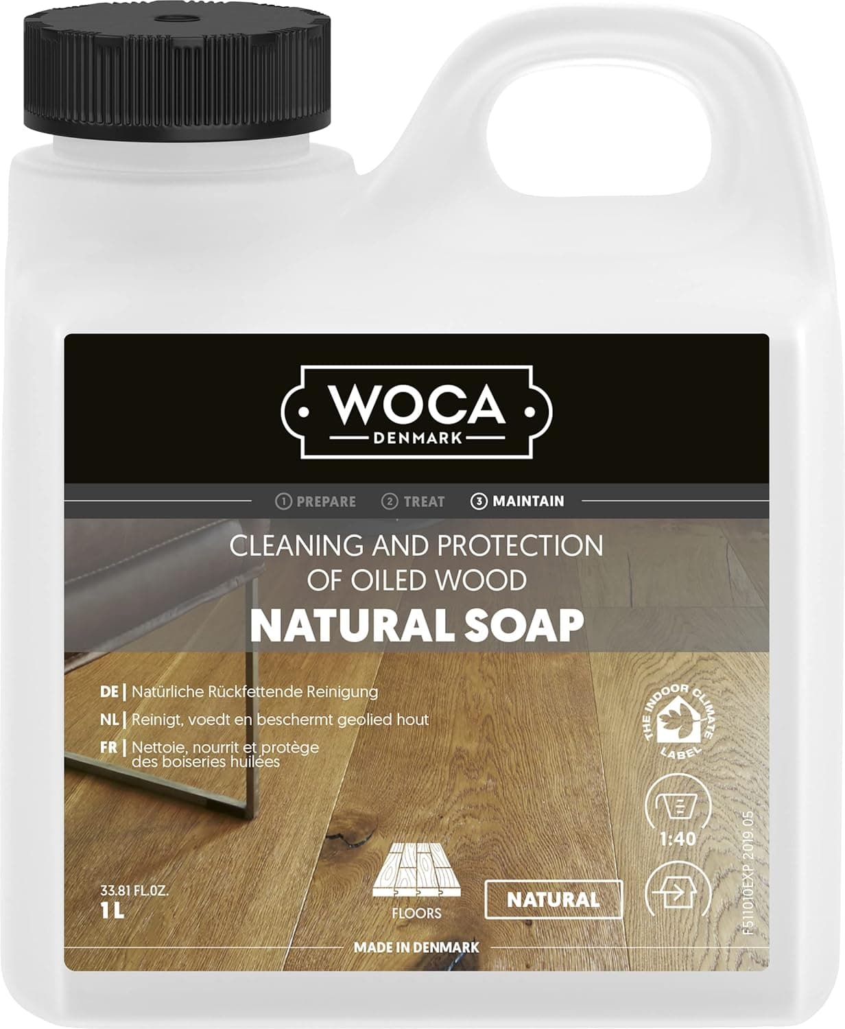 WOCA Natural Soap, Natural |1 L| - Wood Cleaner for the cleaning of oil finished hardwood floors, tables, millwork, cutting boards, countertops and children’s toys