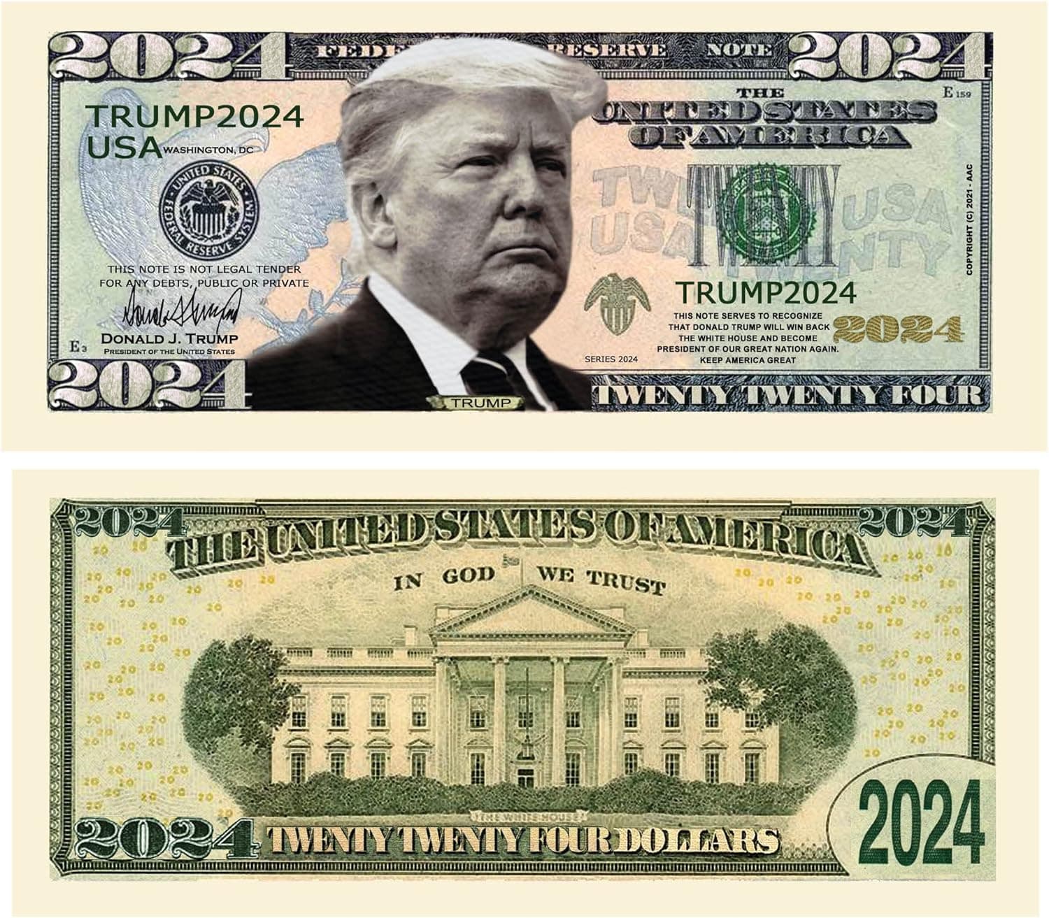 Donald Trump 2024 Re-Election Limited Edition Novelty Dollar Bill - Pack of 25 - Full Color Front & Back Printing with Great Detail. Make American Great Again.