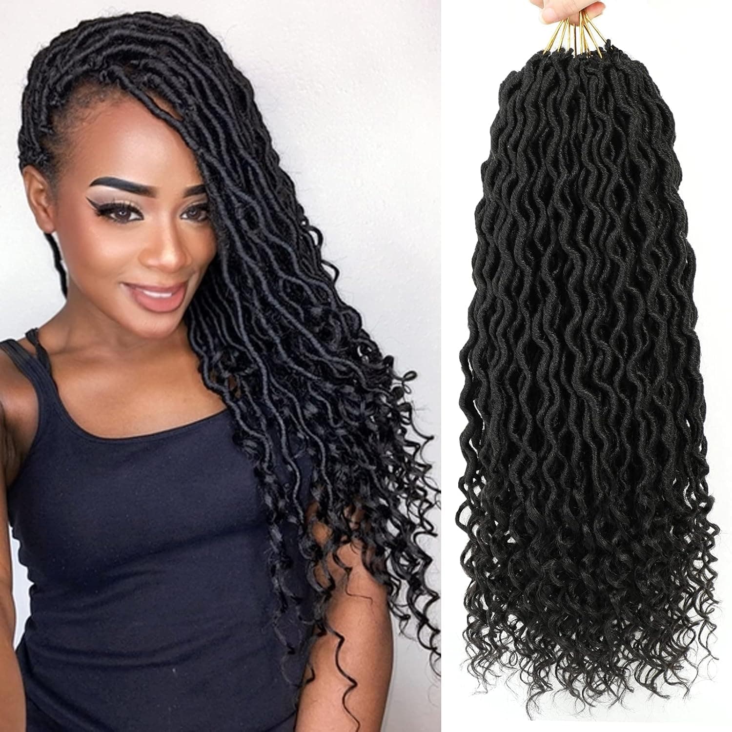 Goddess Locs Crochet Hair 24 Inches, Lihui Faux Locs Crochet Hair Pre Looped, 6 Packs Faux Goddess Locs Synthetic Braids, Soft Crochet Locs Curly Braiding Hair Extensions(1B)