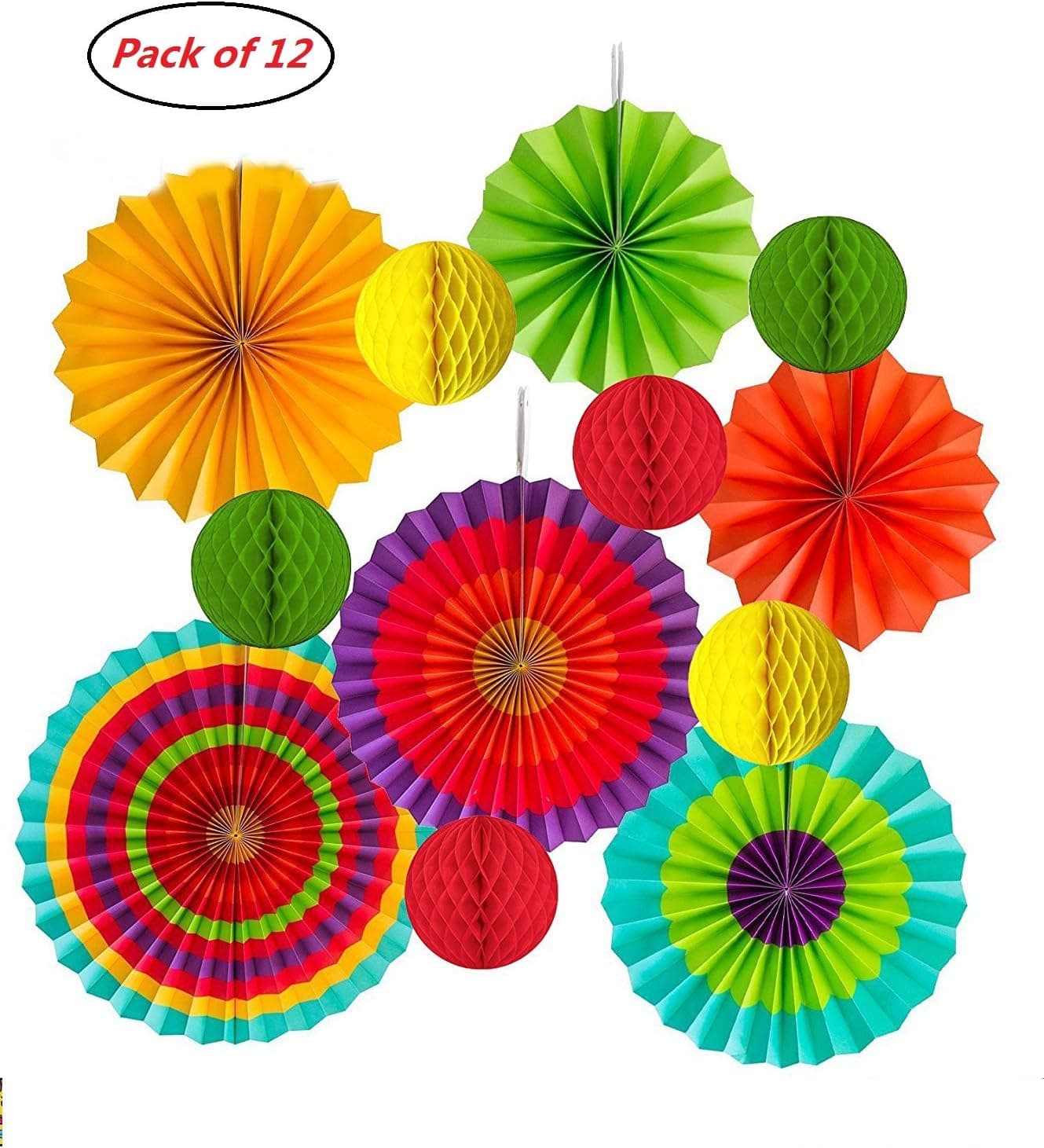 Hanging Paper Fans, JRing Fiesta Paper Fan Decorations, Mexican Fiesta/Carnival/Kids Party/Birthday/Christmas Decor,Party/Events Decor, Home Decor Supplies Flavor (12Pack/Assorted Color)