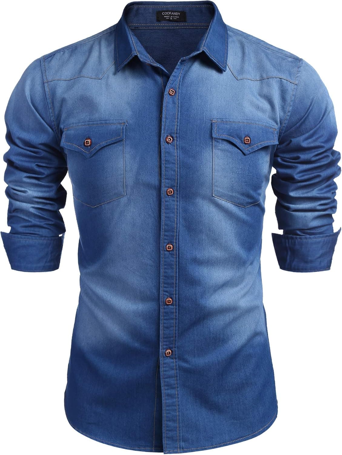 COOFANDY Men's Denim Shirt Long Sleeve Regular Fit Casual Button Down Shirt Western Cowboy Work Shirts with Pockets