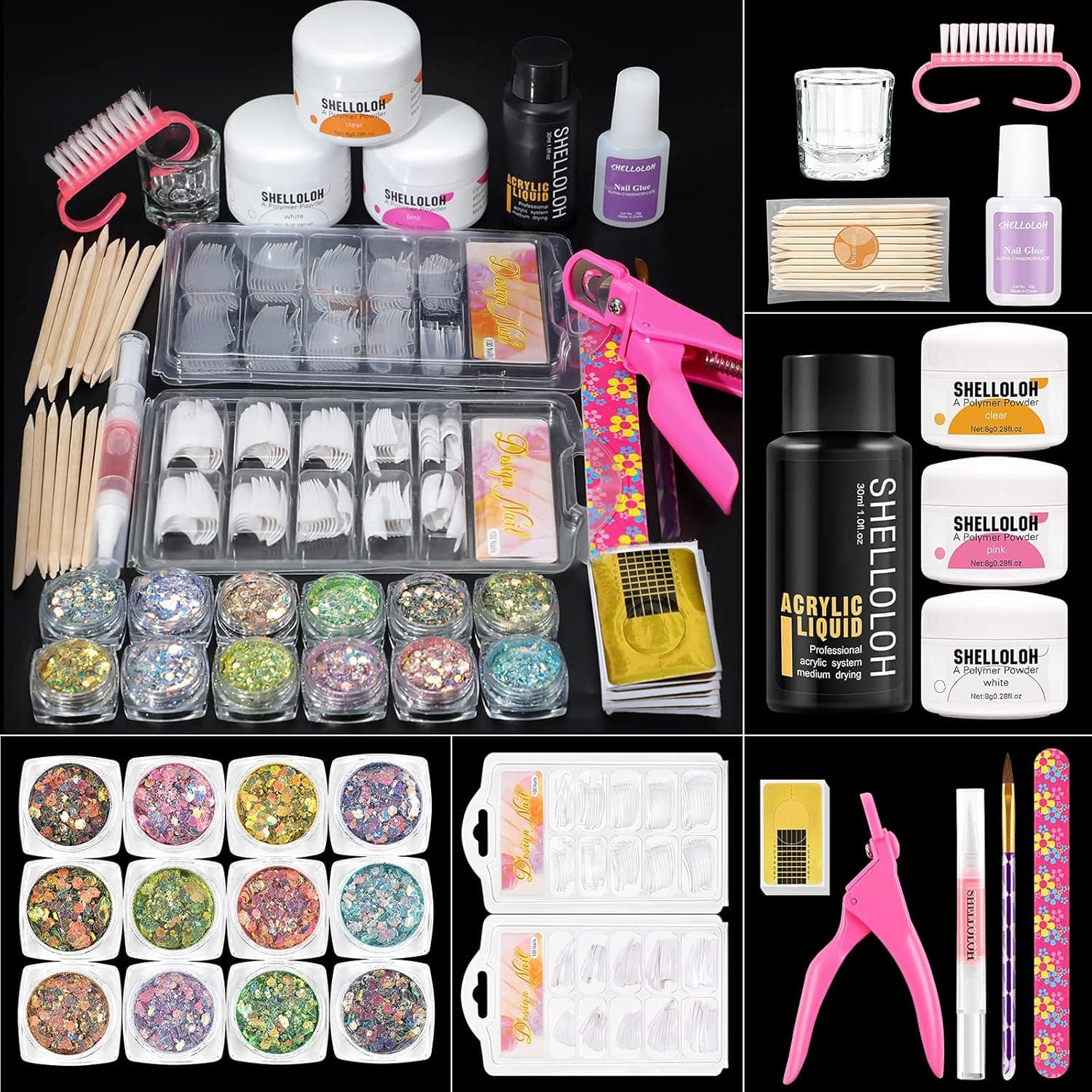 Acrylic Nail Kit, 3 Colors Acrylic Powder Monomer Liquid Set with 12 Colors Glitter Nail Art Decoration and Nail Tips, Acrylic Nail Supplies for Beginners DIY Nail Extension