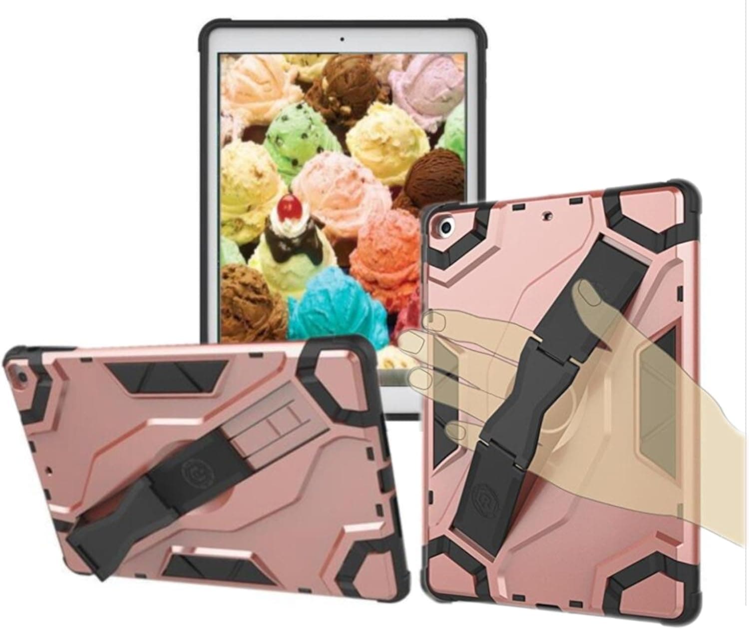 Handle Hand Strap and Kickstand Latest iPad Protective Case Shockproof Cover For iPad 9.7” 2018/2017 Release Models A1893 A1954 A1822 A1823MR6Y2LL/A MR7C2LL/AA MRM82LL/A MRJN2LL/A MRJP2LL/A (Rose-gold