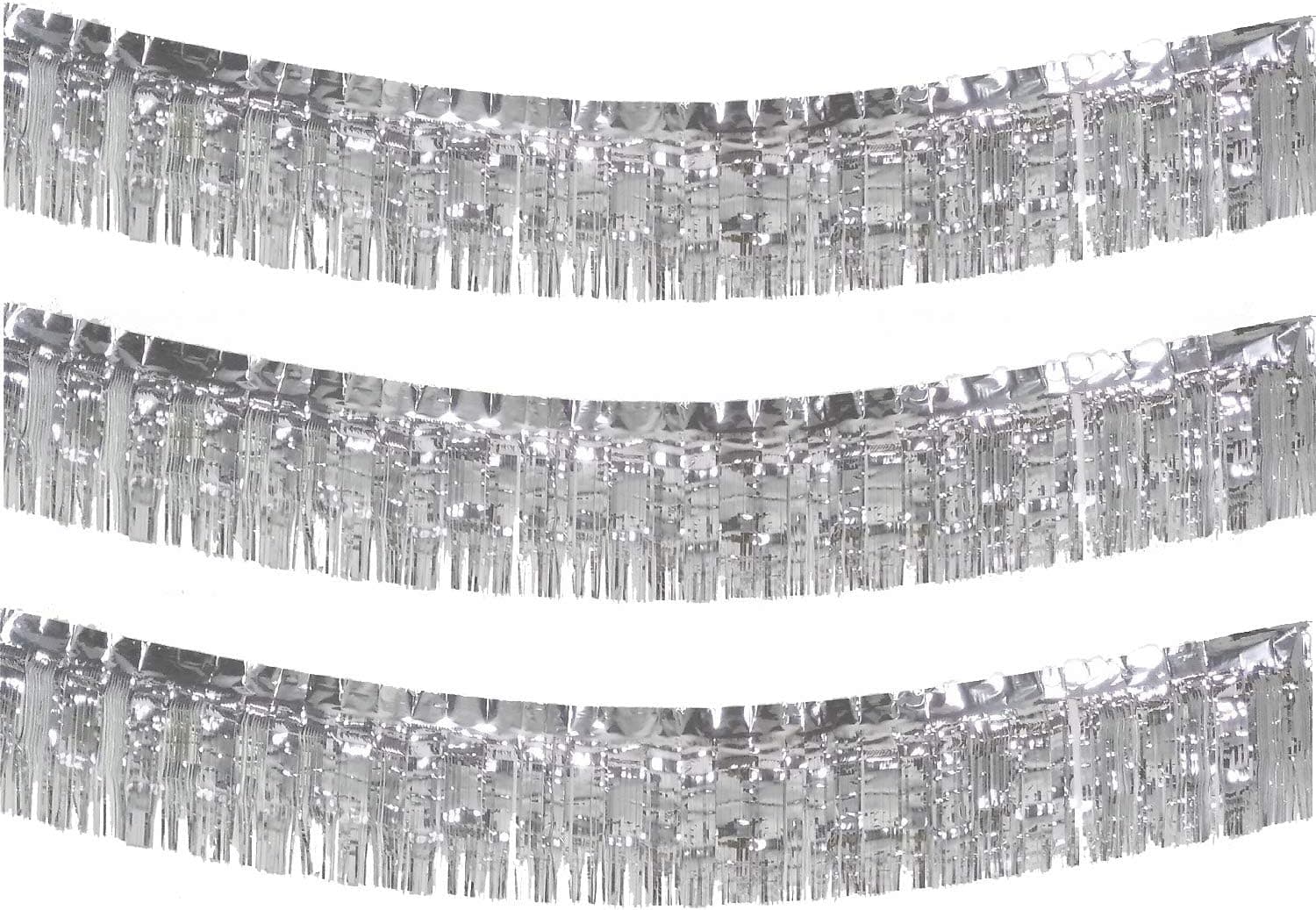 Blukey 10 Feet Long Roll Foil Fringe Garland - Pack of 3 | Shiny Metallic Tassle Banner | Ideal for Parade Floats, Bridal Shower, Wedding, Birthday | Wall Hanging Fringe Garland Banner (Silver)