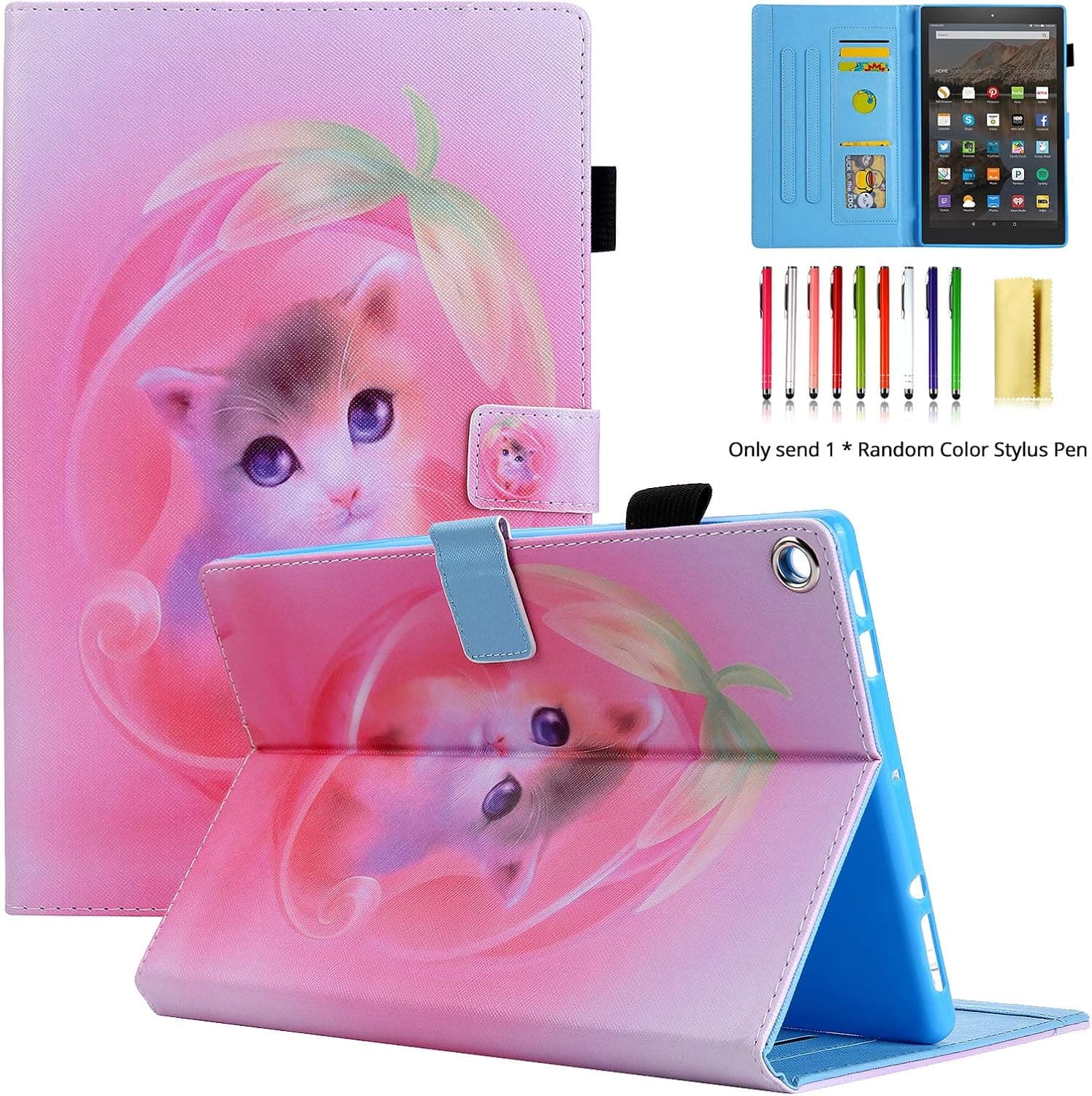 LittleMax Fire HD 8 Case,PU Leather Case Flip Folio Stand Auto Wake/Sleep Cover for Amazon Kindle Fire HD 8 8th & 7th & 6th Gen -05 Pink Cat