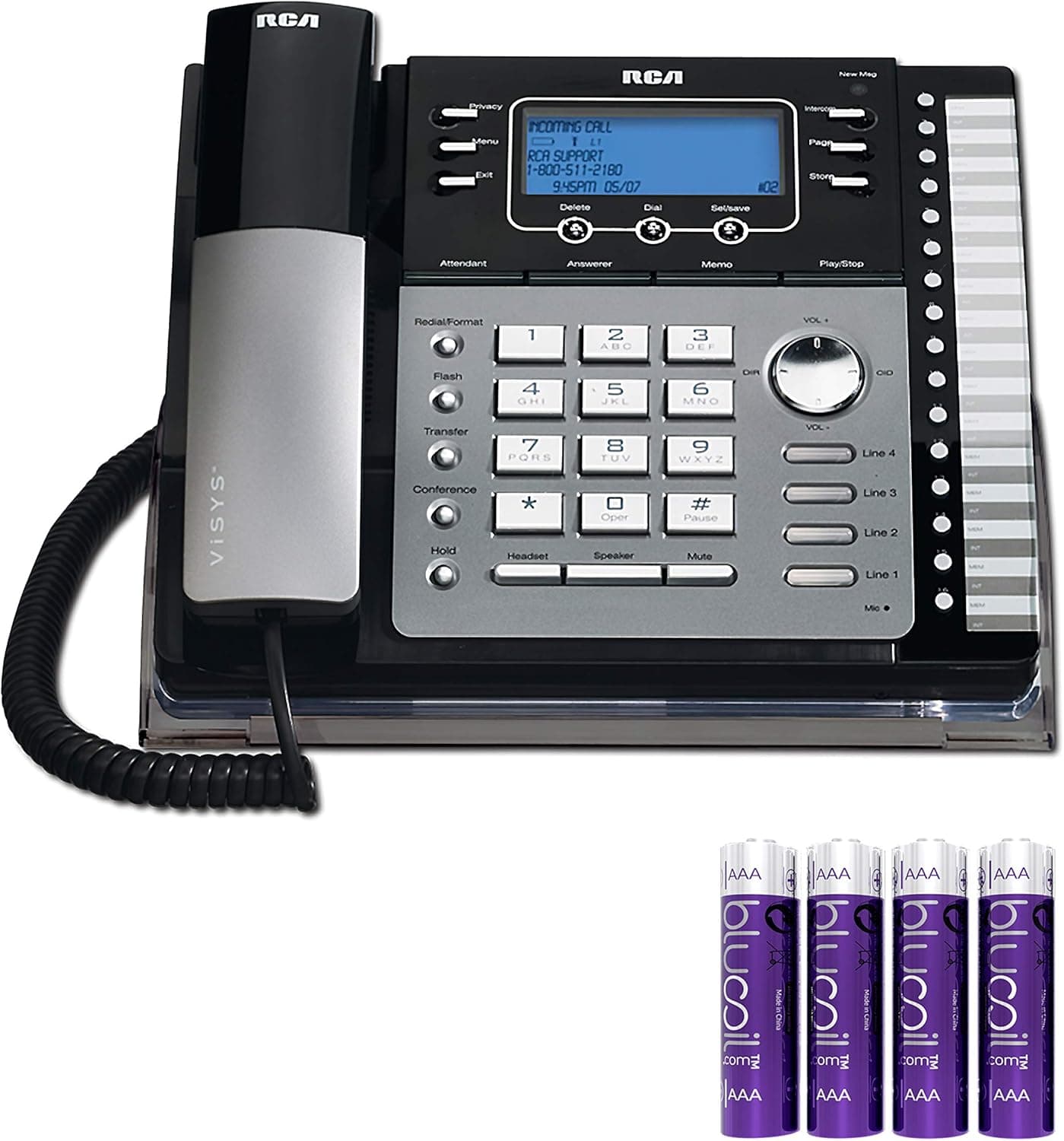 RCA 25424RE1 4-Line Expandable Phone System with Intercom Bundle with Blucoil 4 AAA Batteries