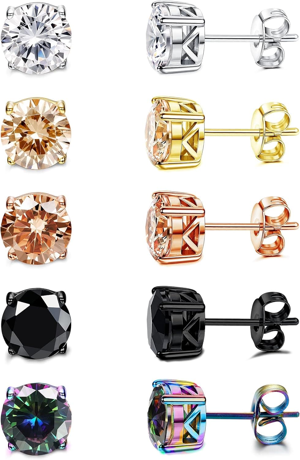 DOLOTTA 5 Pairs 20G Surgical Steel Stud Earrings for Women Men Ear Piercing Cubic Zirconia Earrings for Sensitive Ears