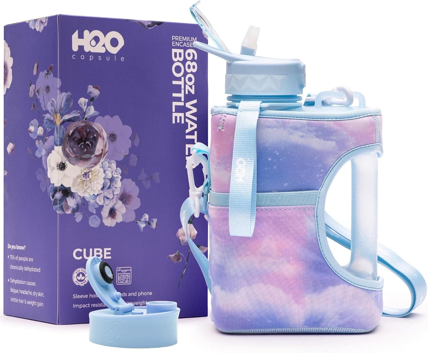 H2O Capsule Cube - 2.2L Half Gallon Water Bottle with Storage Sleeve, Covered Straw and Chug Lid – BPA Free Reusable Sports Jug with Handle, 2.2 Liter (74 Ounce), Dawn Sky