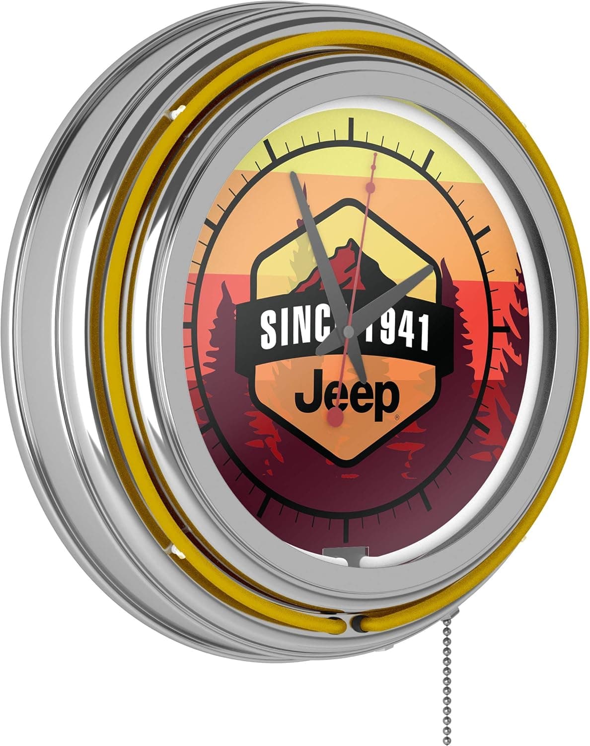 Trademark Global Neon Wall Clock-Jeep Sunset Mountain Double Rung Analog Clock with Pull Chain-Pub, Garage, or Man Cave Accessories (Yellow)