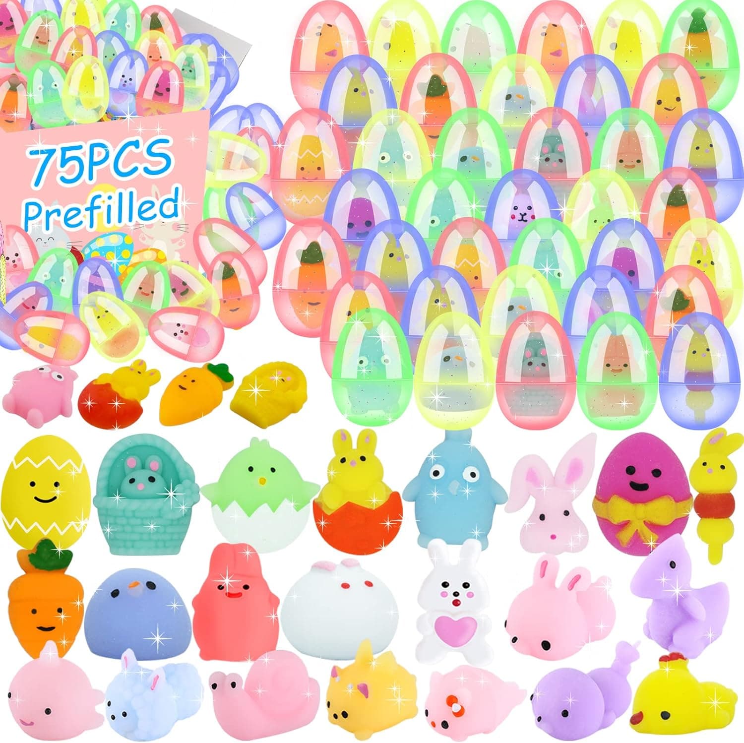 75 PCS Prefilled Easter Eggs with Squishy Toys,Filled Easter Eggs with Squishy Toys Inside,Easter Basket Stuffers for Kids,Eggs for Easter Egg Hunt,Easter Party Favors for Kids Classroom Prizes