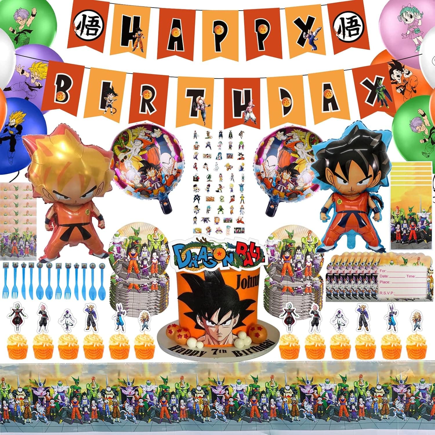 195pcs Anime Theme Birthday Party Decoration Include Birthday Banner,Cake Topper,Cupcake Topper,Latex Balloon,Foil Balloon,Knife,Fork,Spoon,Dinner Plate,Napkin,Tablecloth,Sticker,Invitation Card,Goody Bag,Party Supplies for Kids.