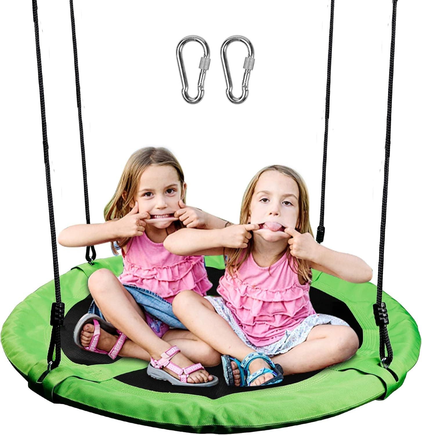 Juegoal Saucer Tree Swing for Kids Adults, 40 Inch Large Rope Swing with Children Swing Platform Bonus Carabiner for Hanging Rope Outdoor, Resistant Waterproof Frame, Green