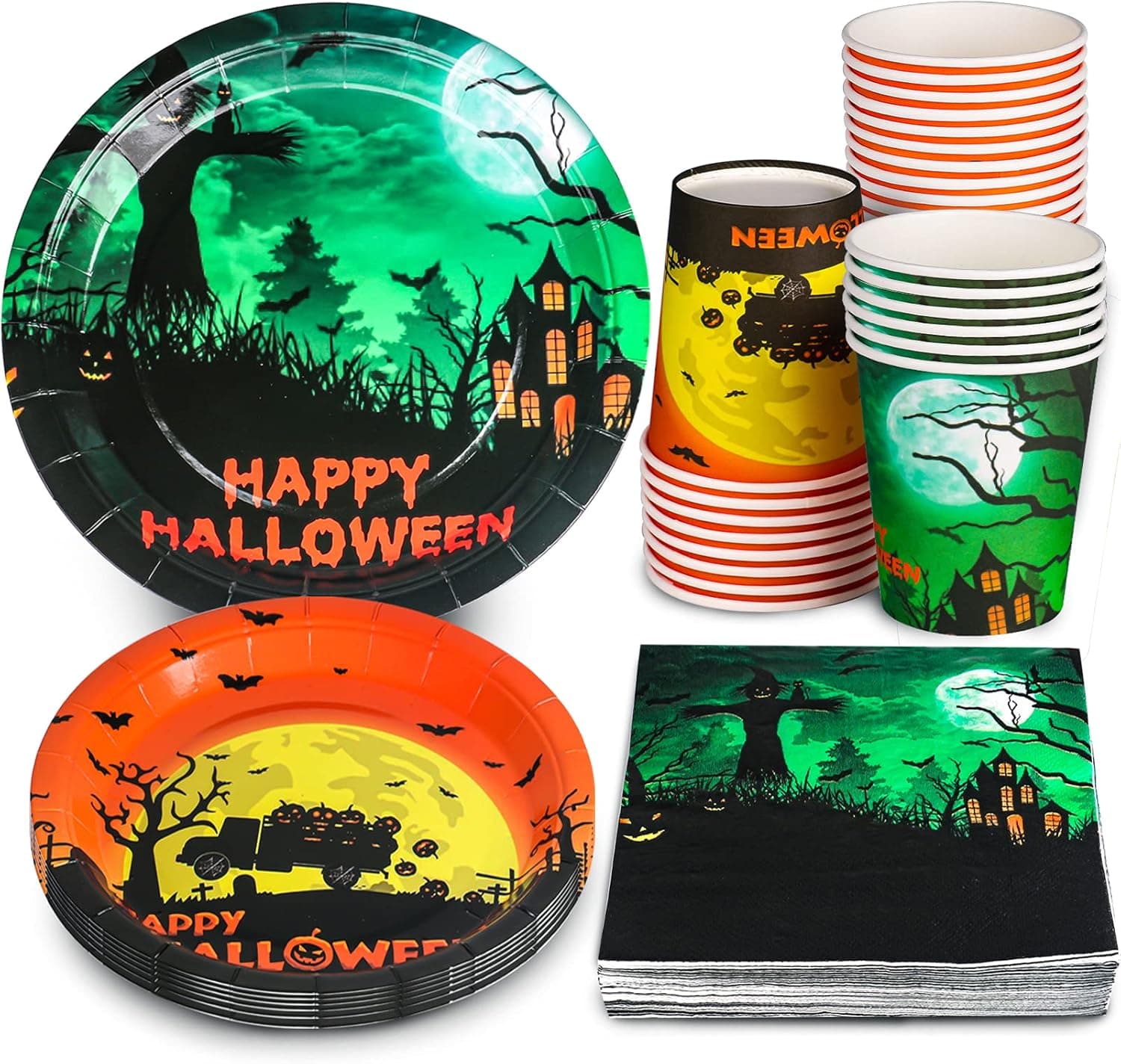 Halloween Party Supplies, Plates and Napkins Set for 24, Including Halloween Party Plates and Cups, Napkins for Halloween Spooky Party Supplies and Decorations