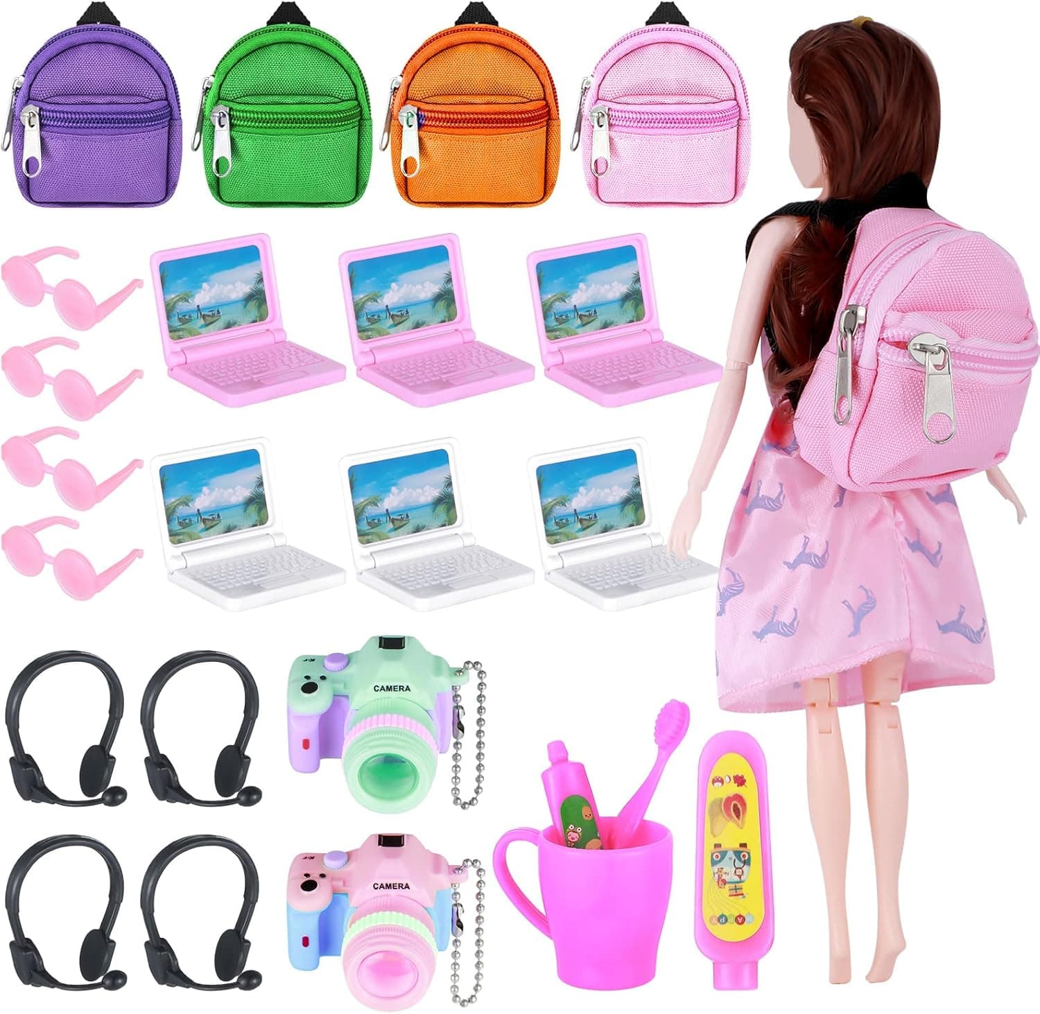 24 Pieces Doll Travel Accessories Include Mini Pink White Computer Backpack Bag with Zipper Cute Camera Toothbrushing Set Small Sunglasses Headsets Toy for Dolls House Decoration Pretend Play Props