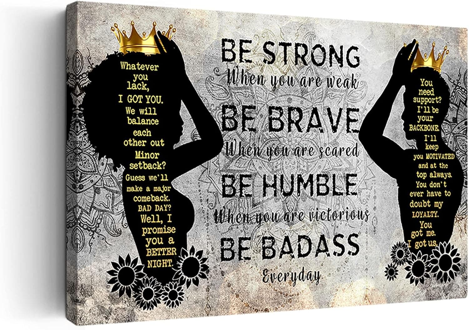 African American Wall Art Black King And Queen Canvas Print Painting Picture Artwork Black Girl Inspirational Quotes Wall Decor For Living Room Bedroom Office Home Decor Framed Ready To Hang 16x24Inch
