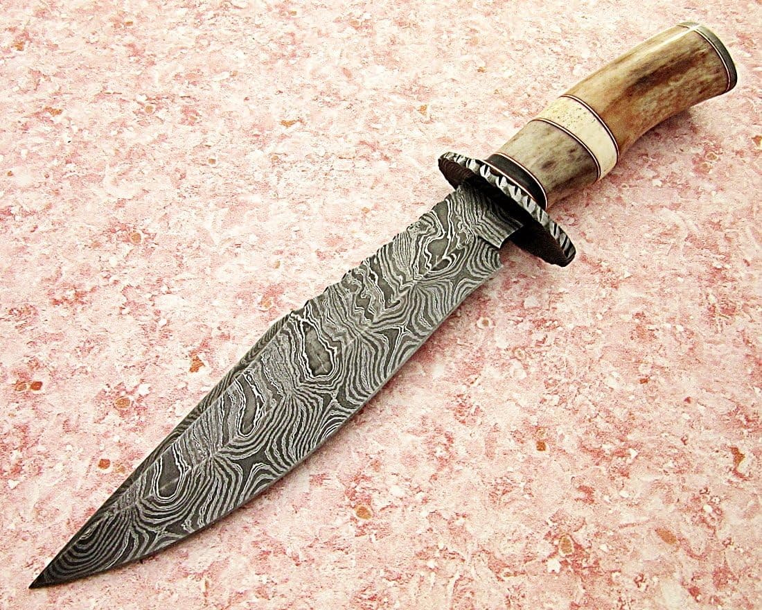 RG-85 Handmade Damascus Steel 13.40 Inches Bowie Knife - Colored Bone and Bull Horn Handle with Damascus Steel Guard