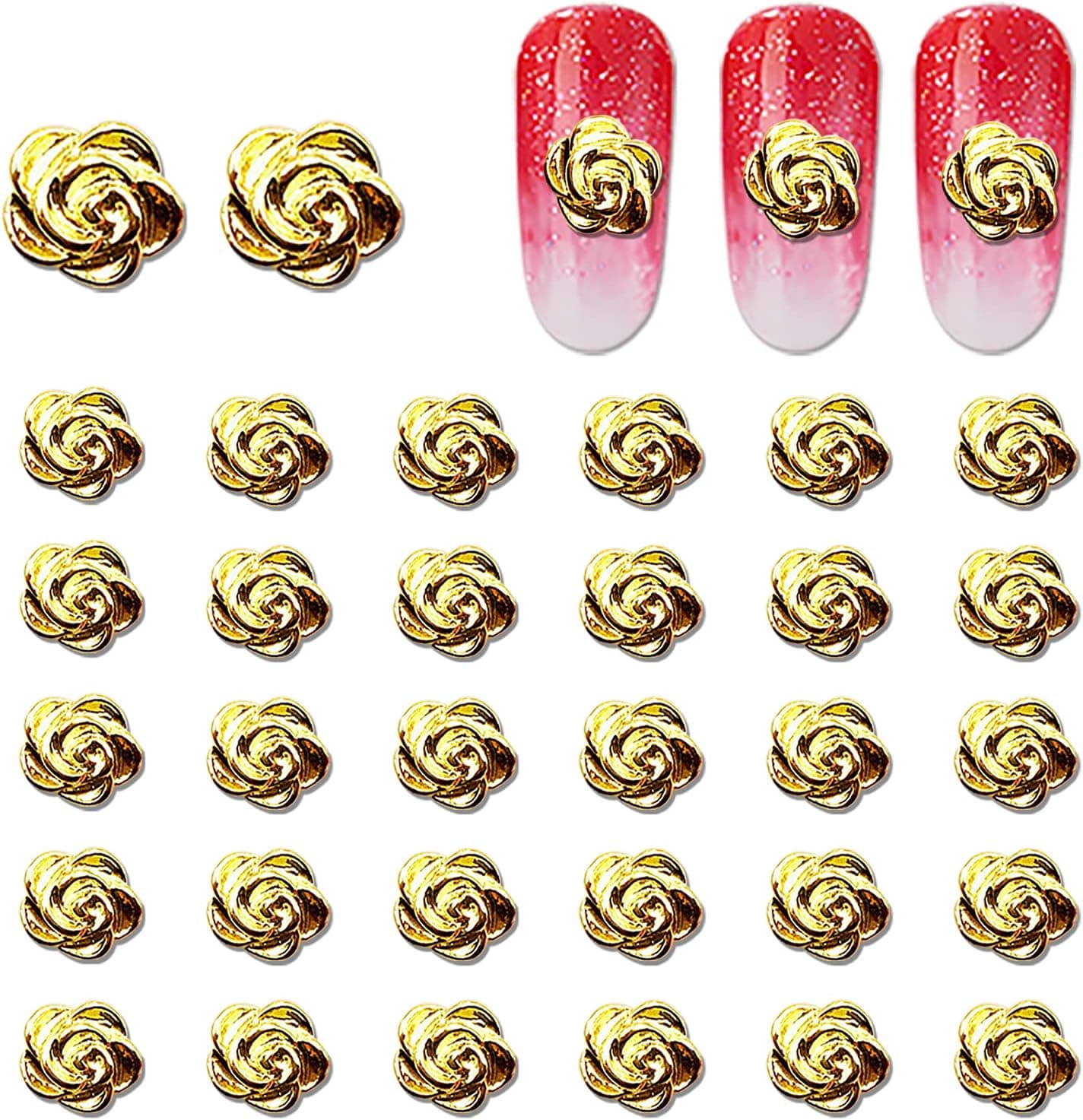 WOKOTO 100Pcs 3D Gold Rose Nail Charms For Nail Art Flower Charms For Nails 3d Flowers For Nails Nail Jewelry And Decorations Metal Nail Studs For Nail Art Flowers For Acrylic Nails Designs Flower