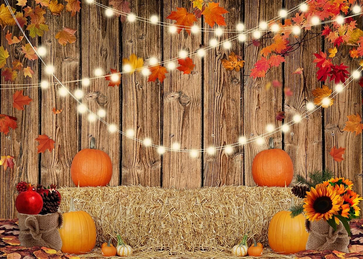 LYWYGG 7x5FT Fall Thanksgiving Photo Backdrop Autumn Retro Board Backdrops Wooden Fence Haystack Pumpkin Photo Background Thanksgiving Party Decorations Studio Photography Props CP-367