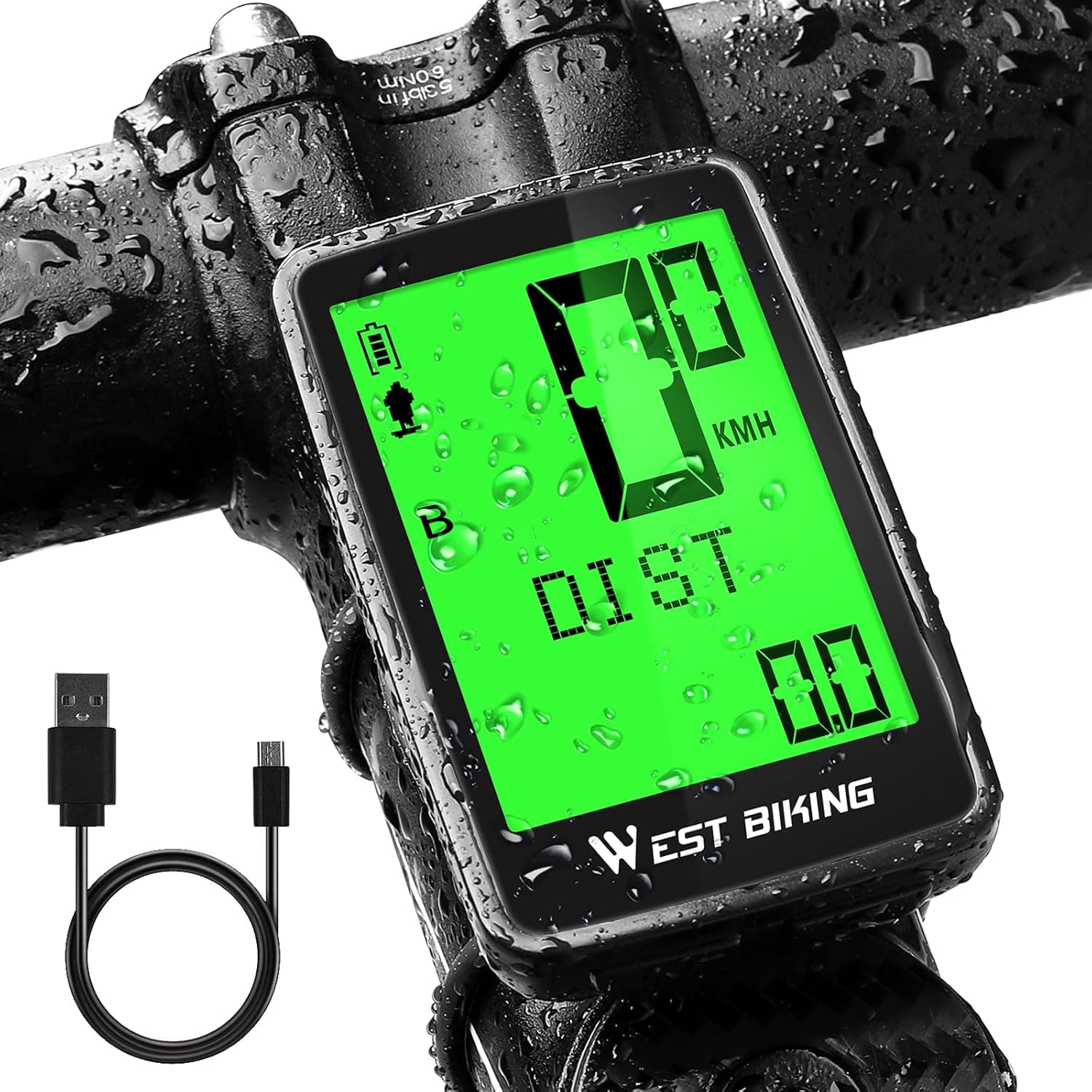 ANGGOER Cycling Computer USB Rechargeable, Bike Odometer Speedometer IPX7 Waterproof, Bike Computer Wirless 5 Language Bicycle Speedometer with LCD Display 21 Functions, Automatic Wake-up